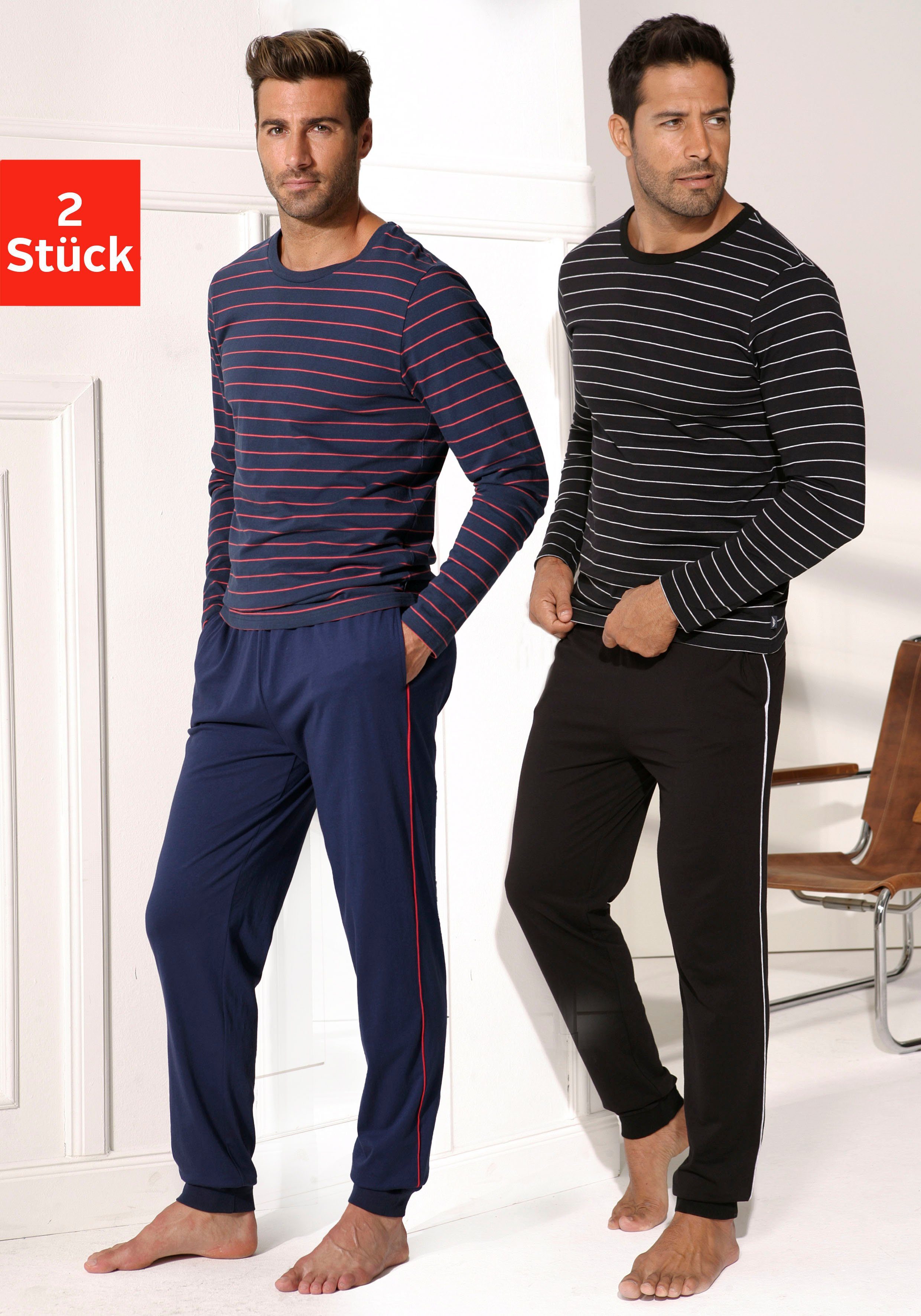 in tlg., mit Stück) Pyjama AUTHENTIC LE langer Streifen JOGGER Form garngefärbten (Packung, 2 4