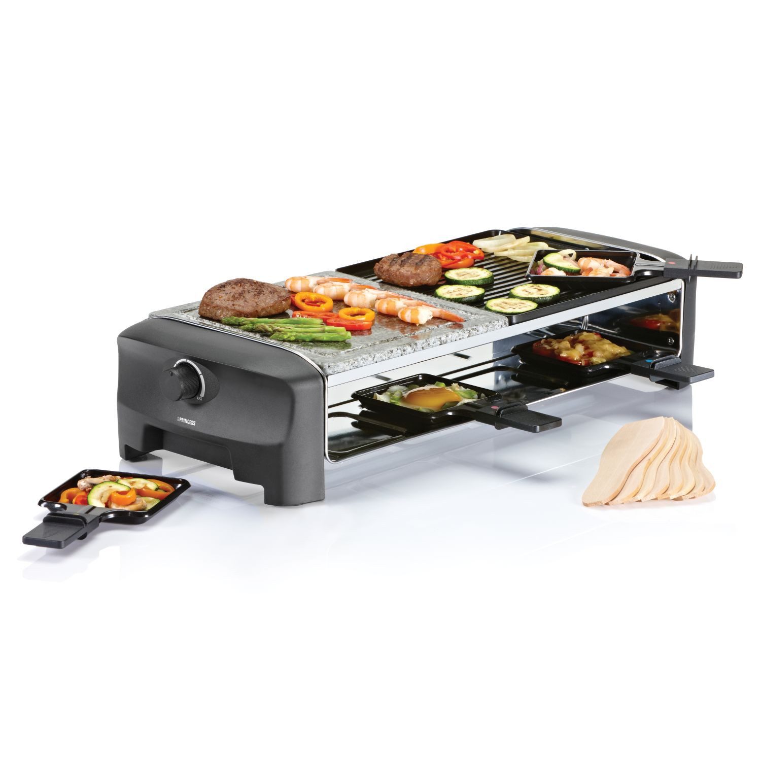 PRINCESS Raclette Princess Raclette Grill/ Steingrill für bis zu 8 Personen – mit 8 Pfän, 8 Raclettepfännchen, 8 Pfännchen - Grillplatte …