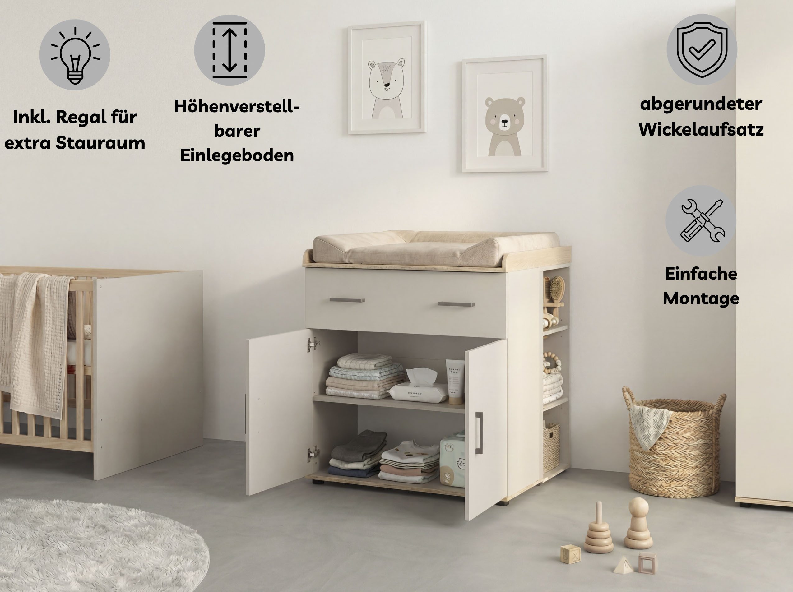 OTTO home Babyzimmer-Komplettset Rieke Bis ins Jugendalter, toll für kleine Zimmer, (Spar-Set, 4-tlg., Kinderbett, Schrank 3 türig, Wickelkommode + Unterbauregal), Farblich abgestimmte Möbelserie