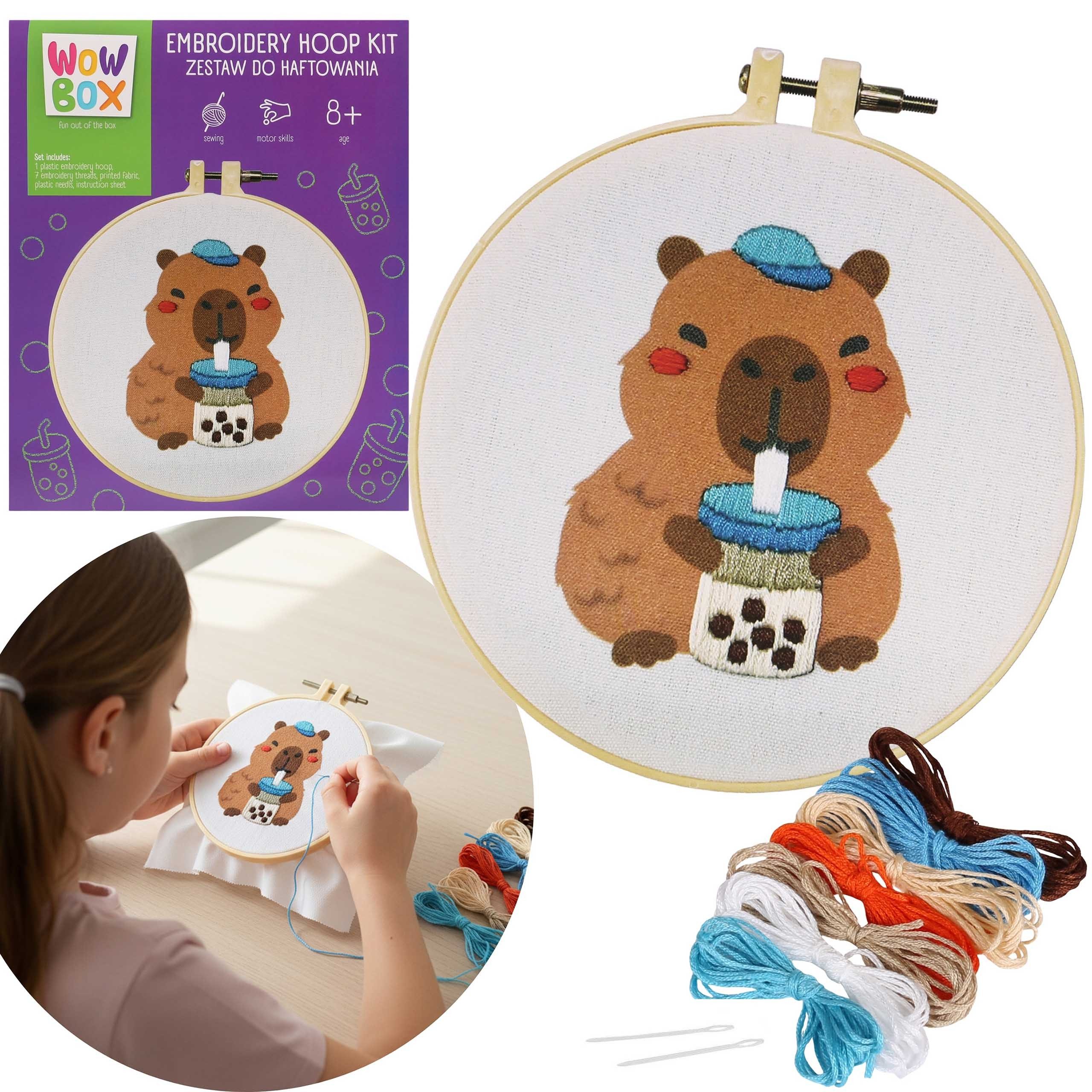 WOW Stickerbuch Wow Box- CAPYBARA Wasserschwein Bubble Tea Stickset mit Stickrahmen 8+