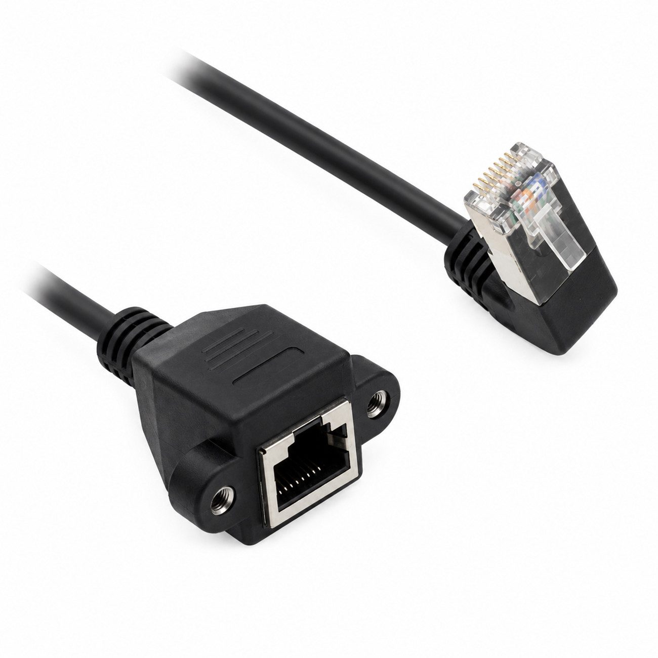 Bolwins G70C RJ45 Netzwerk-Verlängerungskabel, abgewinkelt, verschraubbar 50cm Netzwerkkabel, RJ45 Stecker, 8P8C, nach unten abgewinkelt, Cat5e, Ethernet/LAN, RJ45 Buchse, 8P8C, festschraubbar, Cat5e, Ethernet/LAN (50 cm), Abgewinkelter RJ45-Stecker, festschraubbare Buchse, geschirmt