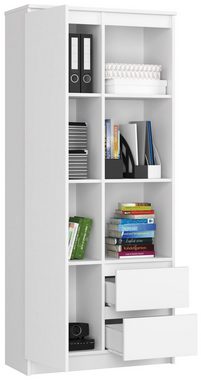 Home Collective Bücherregal Schrank Büroregal weiß 80cm breit 180cm hoch, mit Tür und 2 Schubladen unten