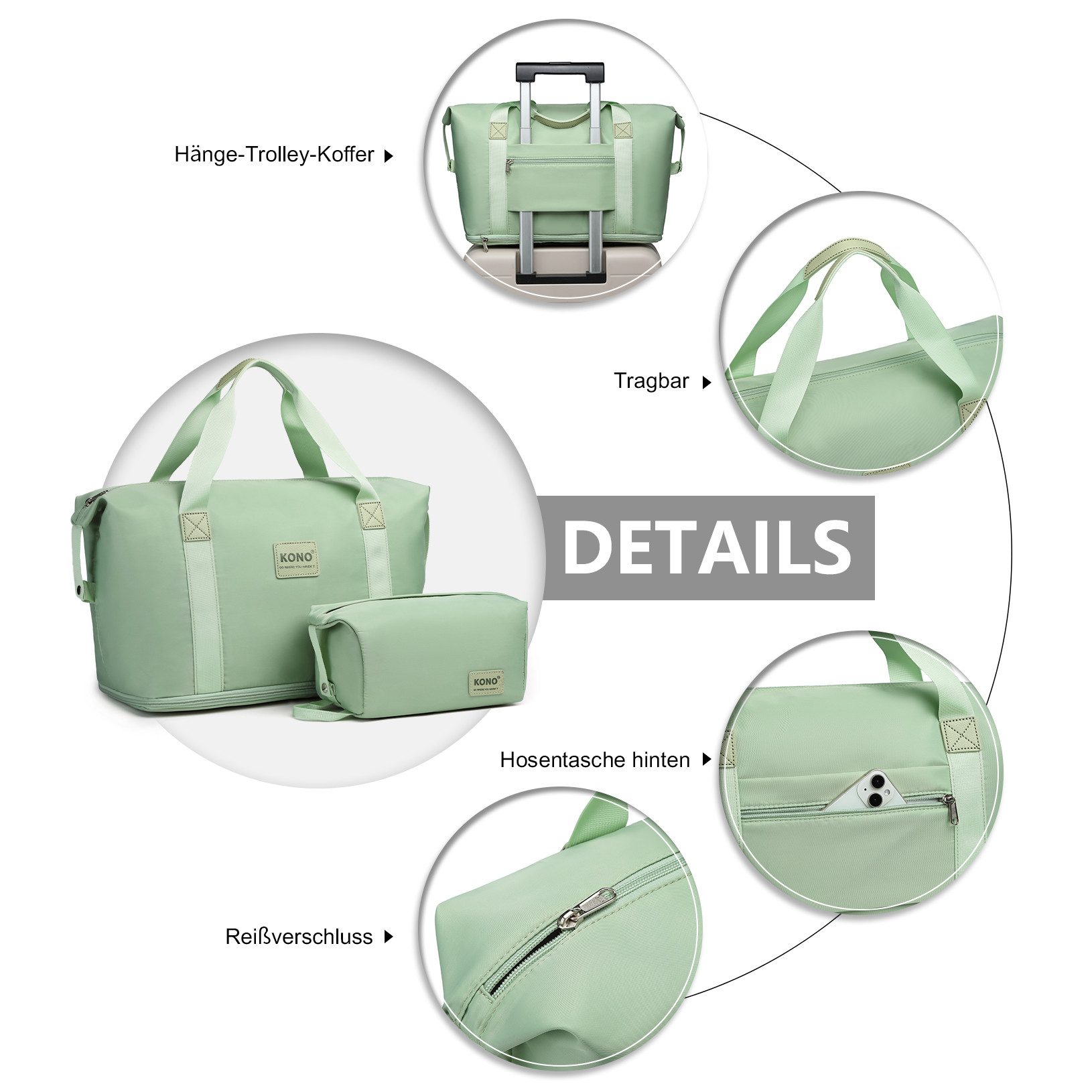 KONO Reisetasche 2-in-1 Set: Erweiterbare Handgepäck-Tasche (36L) + Kosmetiktasche, Praktisches und leichtes Design