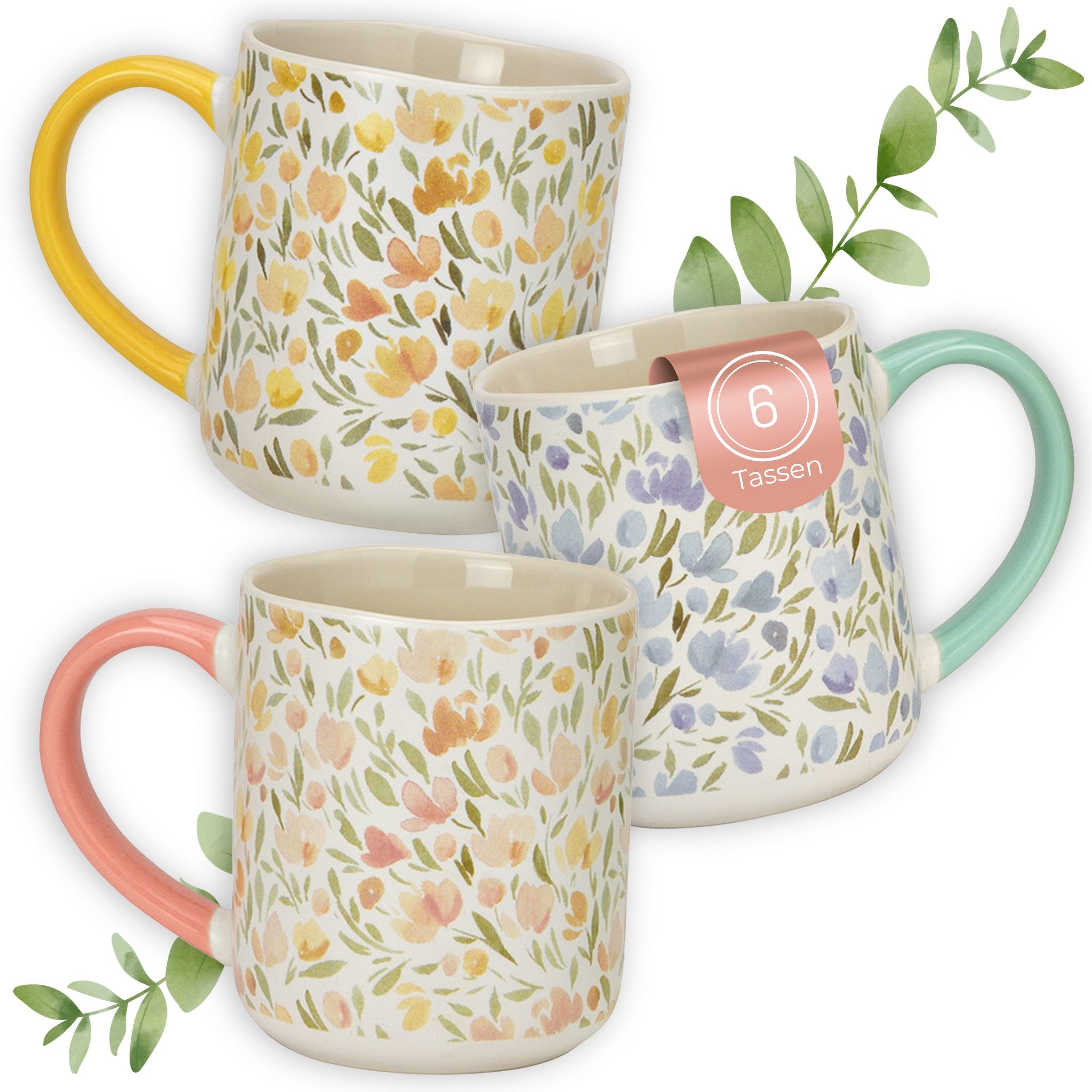 matches21 HOME & HOBBY Tasse Kaffeetassen mit Blumen Dekor, 3er Set Designertassen, 3-tlg., Porzellan, Moderne Pastell Frühstückstasse 385 ml