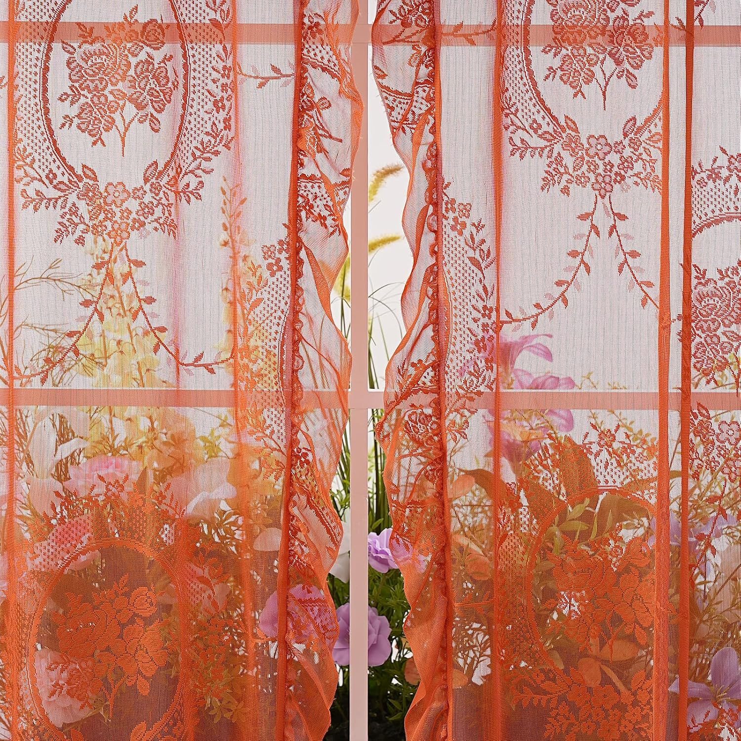 Minicloss Gardine Spitzenvorhänge, Vintage Blumenstickerei Vorhang mit Rüschen