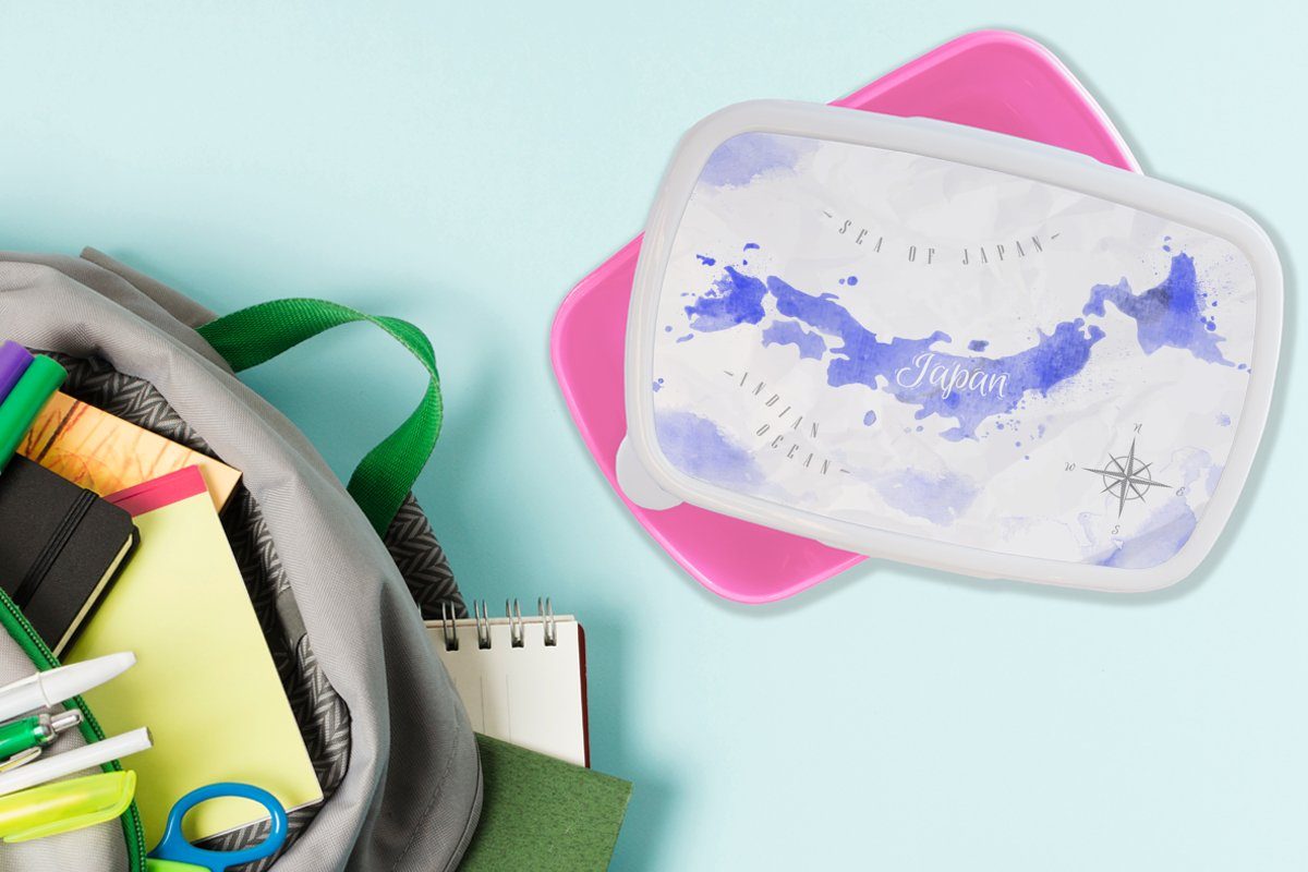 Kunststoff - Snackbox, MuchoWow Kunststoff, Brotdose - Aquarell für rosa Lunchbox Kinder, Mädchen, (2-tlg), Weltkarte Brotbox Erwachsene, Blau,