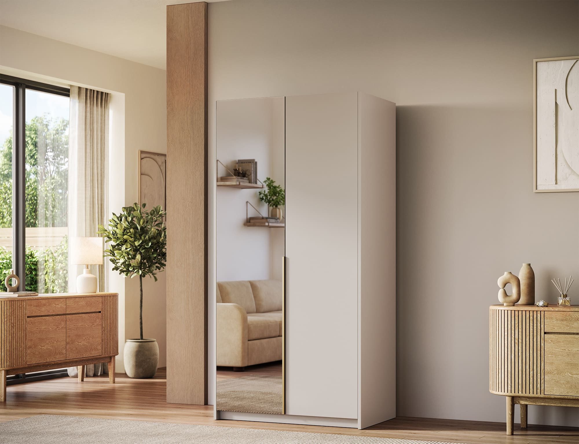 MOEBLO Drehtürenschrank Lunaro II (moderner Kleiderschrank 2-türig Schrank Garderobe Schlafzimmer, 100 cm, mit Spiegel Drehtüren Weiß Kaschmir Artisan Gold Griffe optional mit Aufsatz) (BxHxT): 100 x 204 x 58 cm