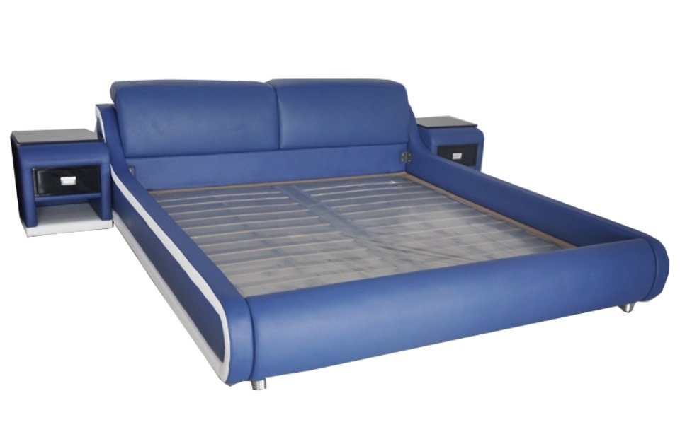 Doppel Polster Betten Luxus Multifunktion Bett Blau/Weiß JVmoebel Bett Moderne Leder Design