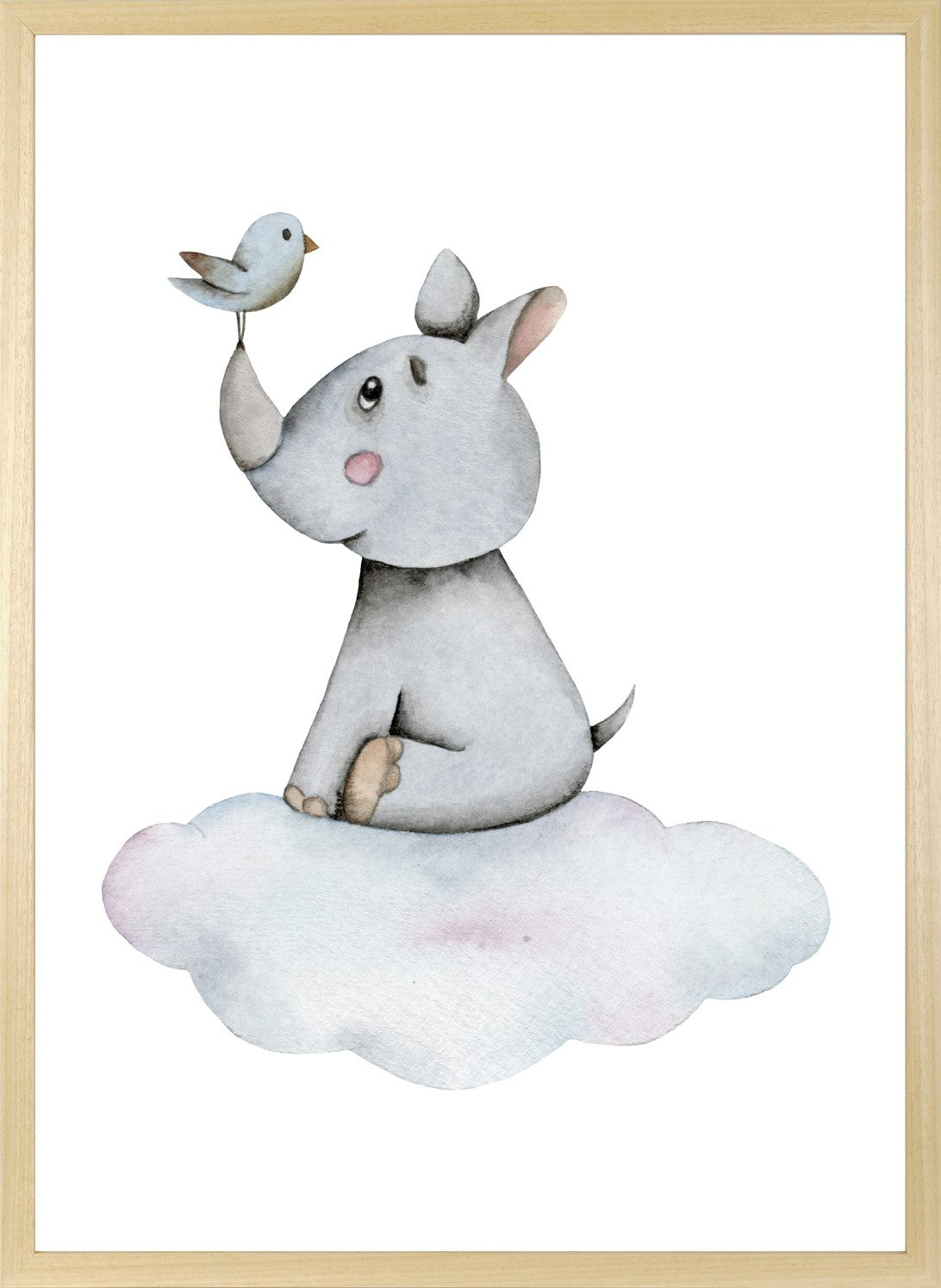 queence Bild mit Rahmen Nashorn mit Vogel auf Wolke, Fantasy, Himmel, Himmelsbilder, Nashorn, Tiere, Vogelbilder, Vögel, Wolken (1 St), HD Premium Posterdruck mit Echtholzrahmen