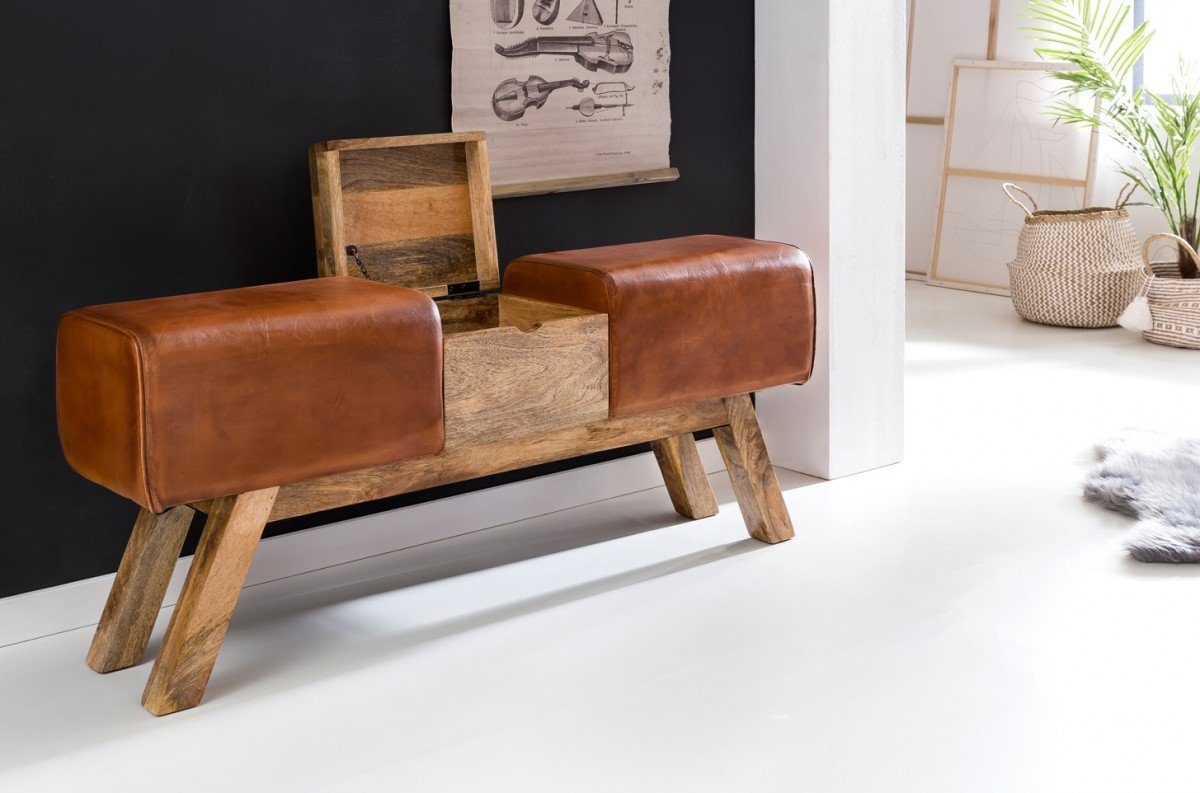 FINEBUY Truhenbank Sitzbank Turnbock Klappfach Hocker Turnhocker Garderobenbank (Turnbock Sitzbank Echtleder Braun 120 x 29 x 53 cm), Turnhocker Bank mit Klappfach, Garderobenbank