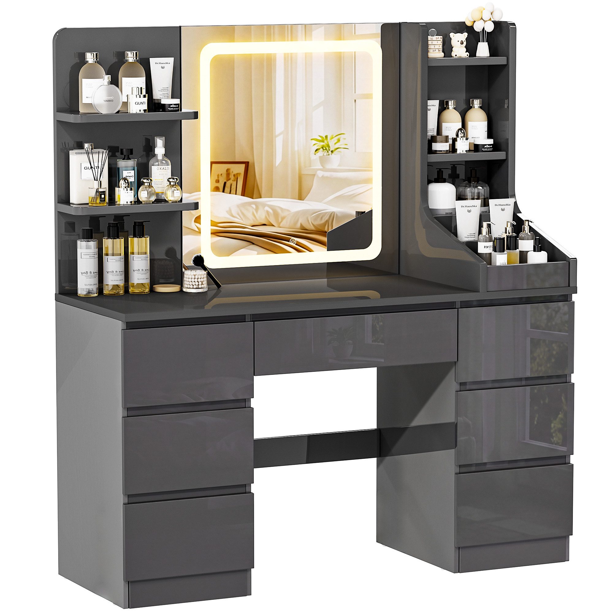HOMALL Schminktisch LED-Spiegel, 7 Schubladen, 110 cm breit, Aufbewahrungshocker optional (Schminktisch mit dimmbarem LED-Spiegel (3 Farben), 7 Schubladen + 8 Fächer, 110×40×139 cm – 5 Farben (Schwarz/Rosa/Vintage/Weiß/Weiß Hochglanz), Hocker opt., E1-Platte), 110*40*139CM B/H/T