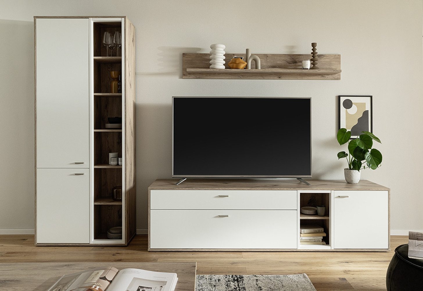 freiraum Wohnwand SANTERNO, (3-teilig), (3-teilig) in Soft weiss / Eiche Dekor - 292x197x50 (BxHxT)