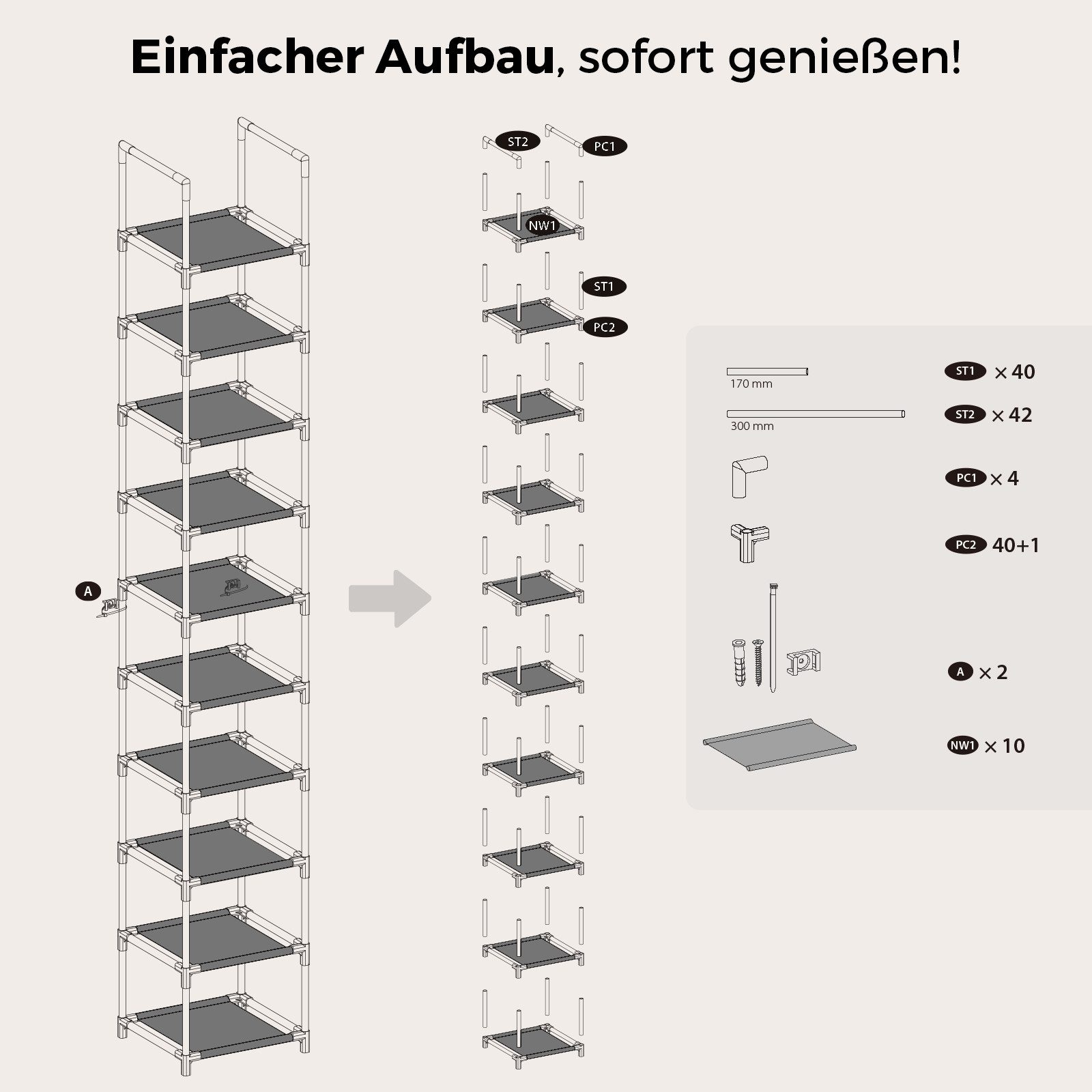 Sekey Schuhregal Schuhregal Schmal Hoch Schuhaufbewahrung Schuhständer mit 10 Ebenen, Schuhschrank für 10-20 Paar Schuhe, Metallgestell Vliesstoff – Bild 3 von 5