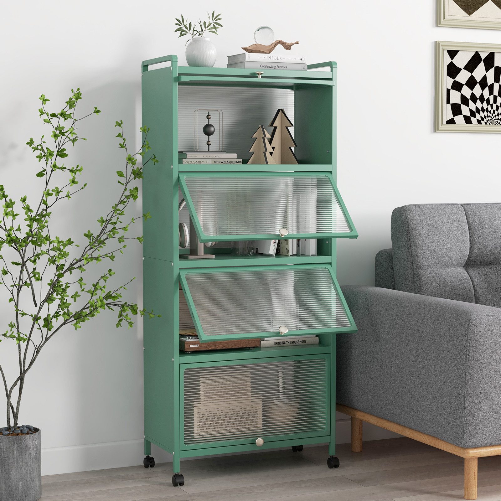 COSTWAY Hochschrank 5-stufig Küchenregal mit aufklappbaren PC-Türen & Rolle günstig online kaufen