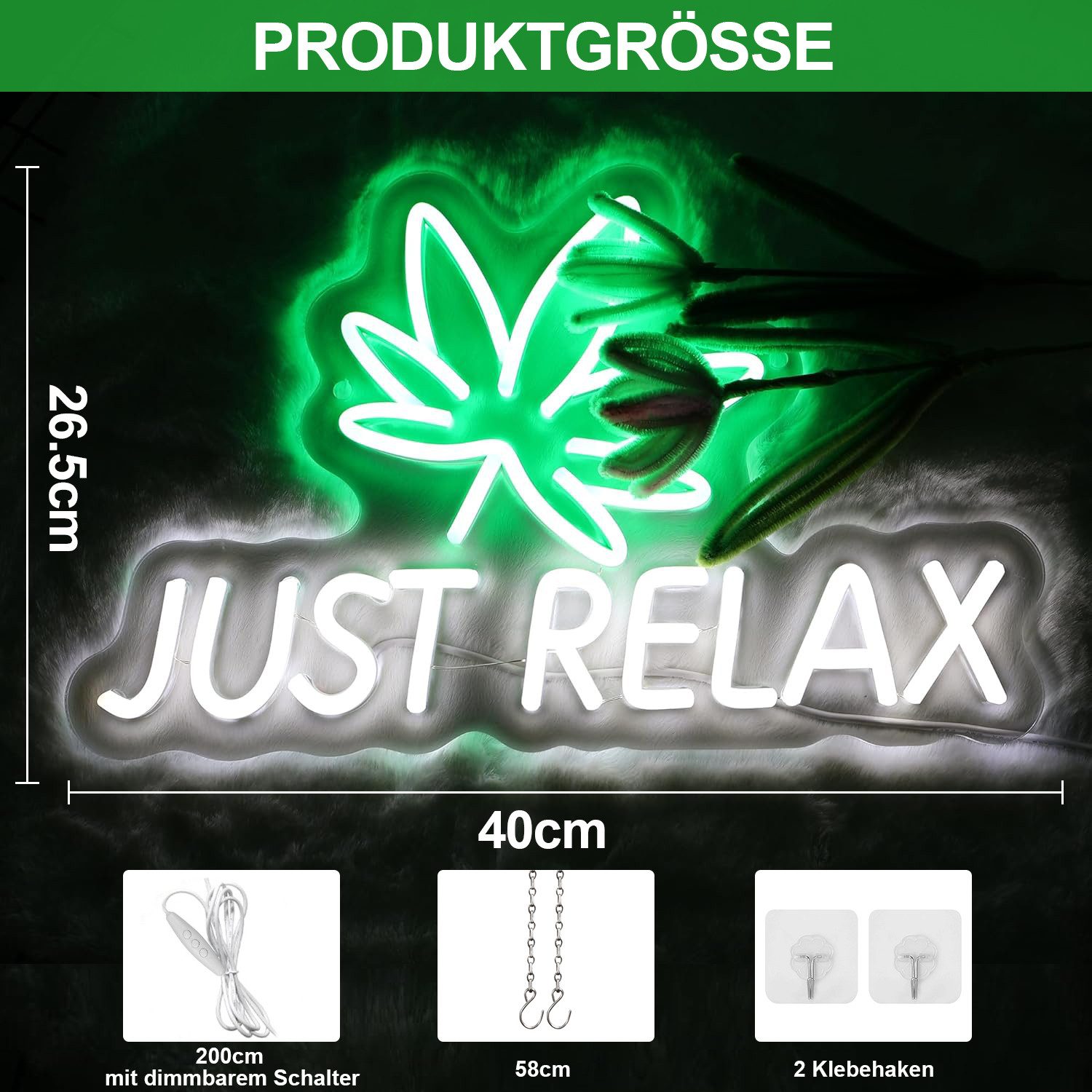 MUPOO LED Dekolicht Cannabis Just Relax Neon Schild mit Dimmbar Schalter LED Nachtlicht, USB Stromversorgung, LED fest integriert, Acryl Neonlicht Wanddecor