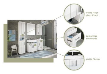 the kuup Badezimmer-Set Badkombination I Hochglanzfronten Weiß I Horizontale Akzentuierung, (Badezimmer-Set aus Hochschrank, Spiegelschrank, Waschbeckenunterschrank, 3-tlg), Modell TK16