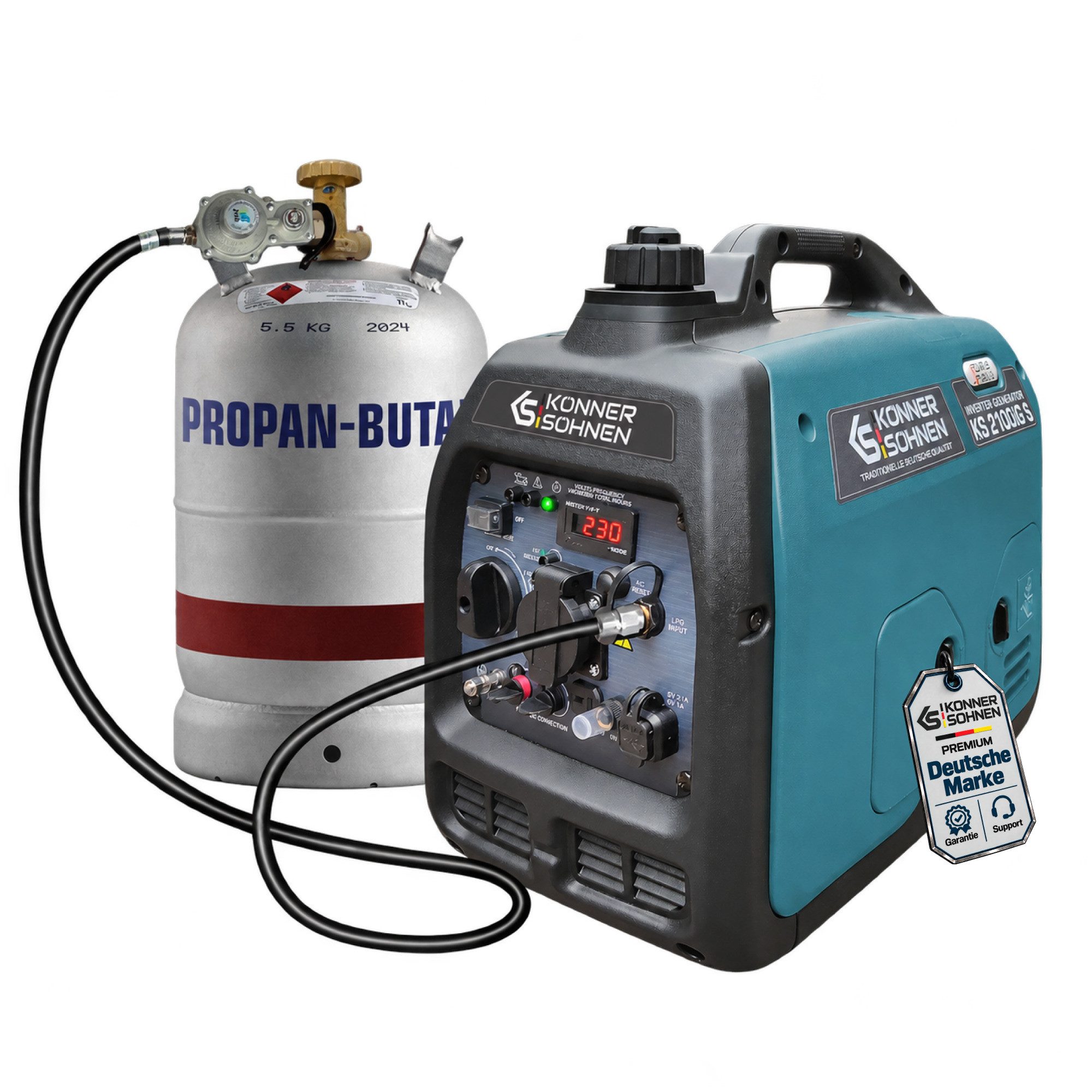Könner & Söhnen Stromerzeuger KS 2100iG S, 2,00 in kW, (Superleiser Hybrid-Inverter (LPG/Benzin) mit USB, 1-tlg., 2.0 kW, 62 dB(A), ECO-Modus, Parallelschaltung möglich), Reine Sinuswelle, 2x USB, 19 kg, DUAL FUEL, Niedriger Pegel