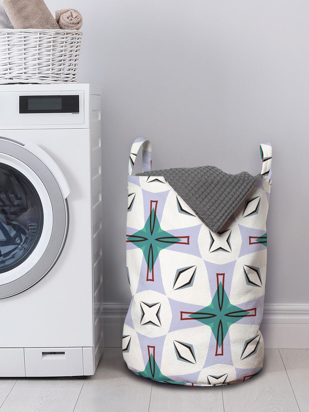Kordelzugverschluss Wäschesäckchen Wäschekorb mit Griffen geometrische Waschsalons, abstrakte für Modern Abakuhaus