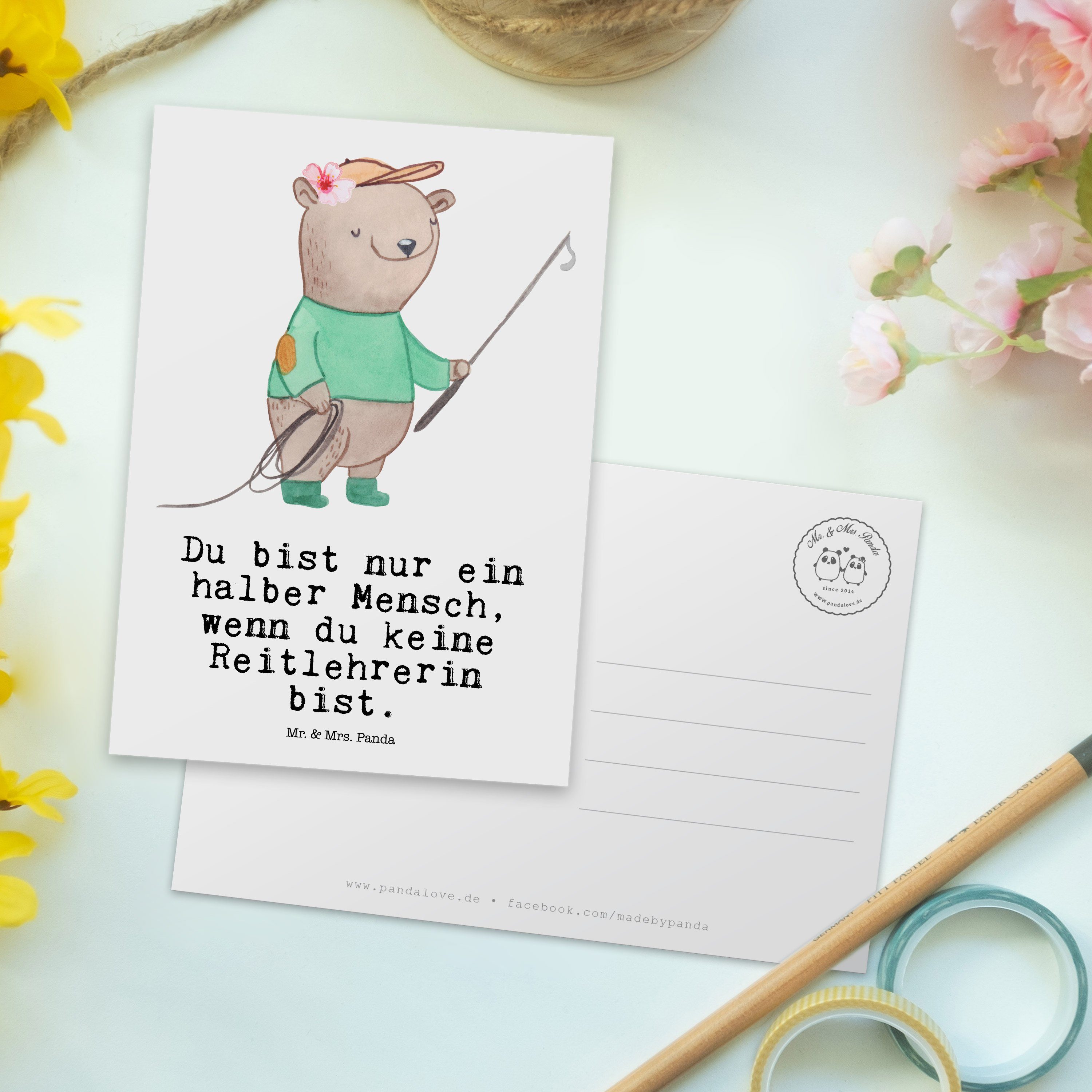 Mr. & Mrs. Panda Postkarte Abschied - Geschenk, Ausbildung, Karte, - mit Weiß Reitlehrerin Herz
