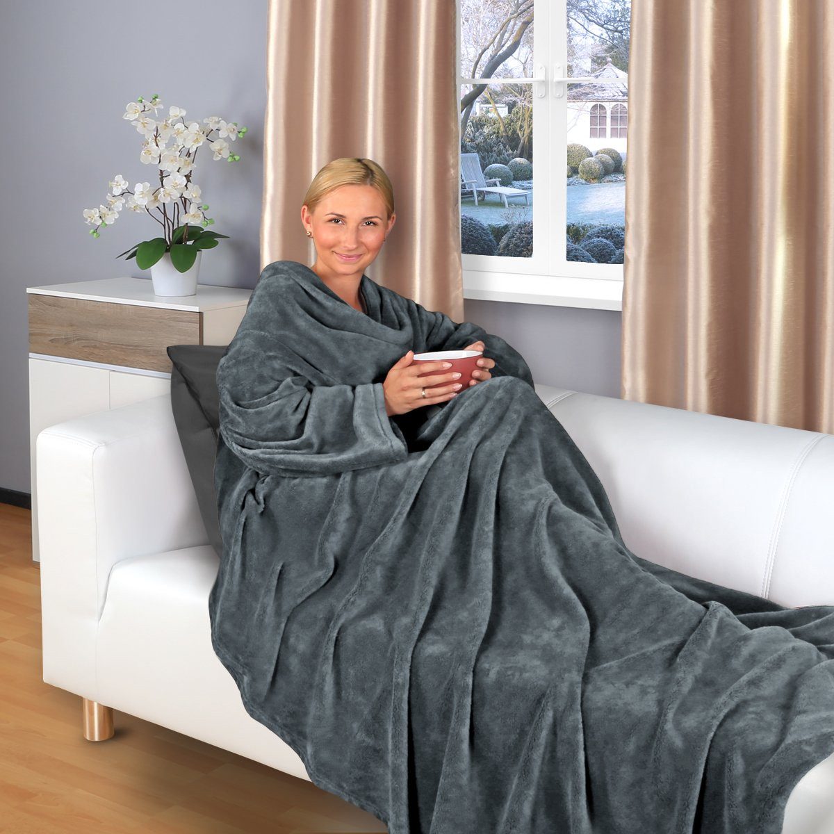 Wohndecke flauschige, tragbare Kuscheldecke mit Ärmeln günstig online kaufen