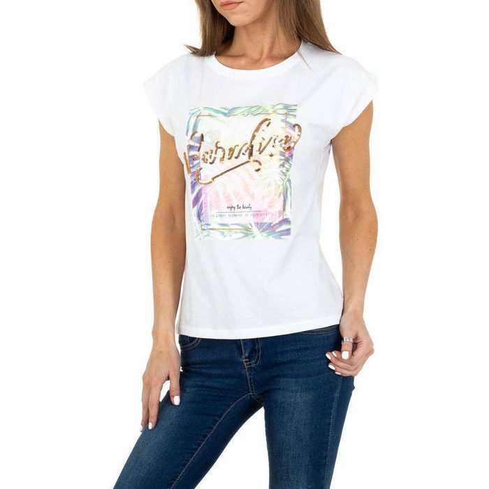 Ital-Design T-Shirt Damen Freizeit Glitzer Print T-Shirt in Weiß