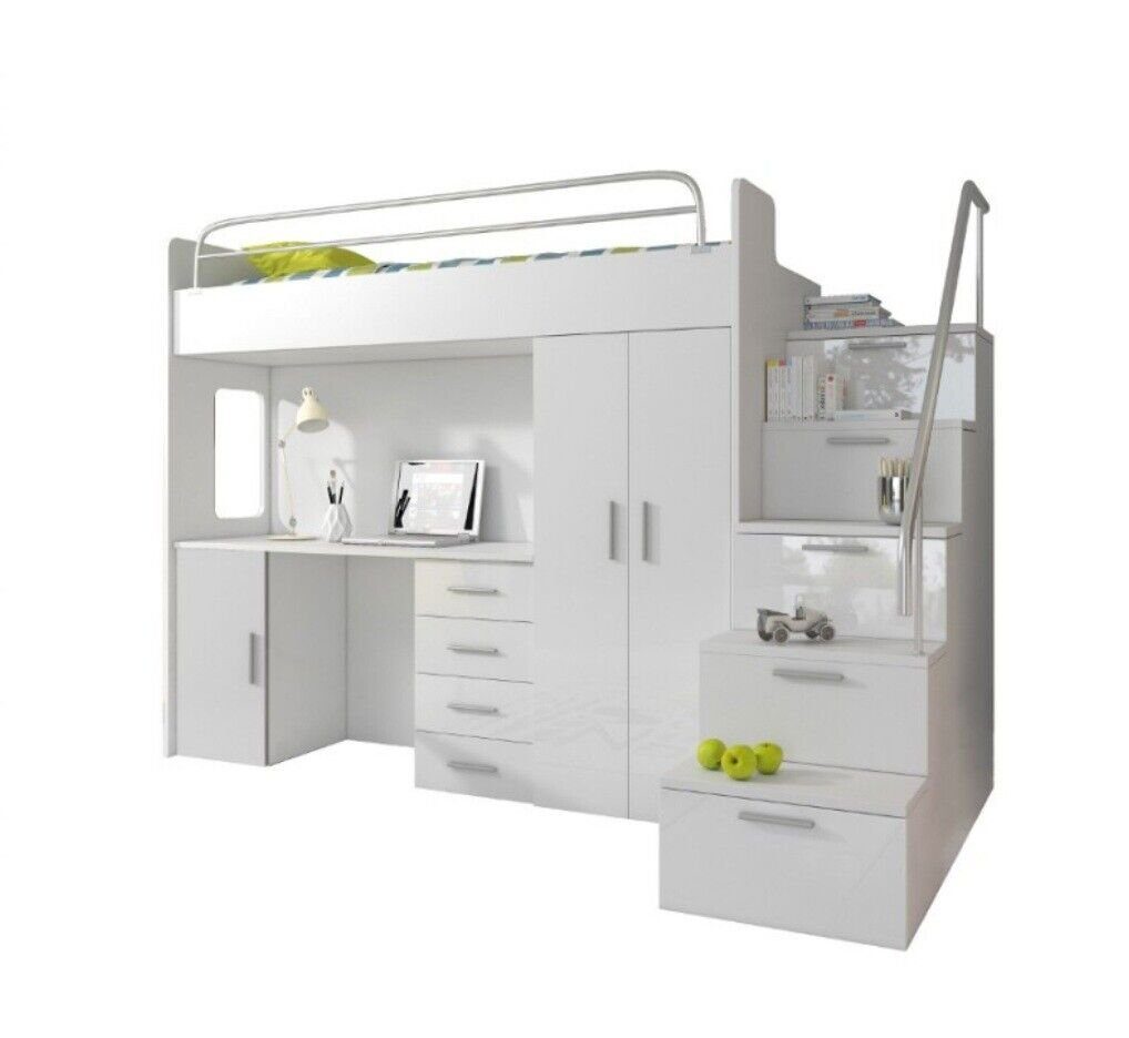 JVmoebel Hochbett Kinderzimmer Doppelstockbett Weiß Tisch Schrank Multifunktion Etagen