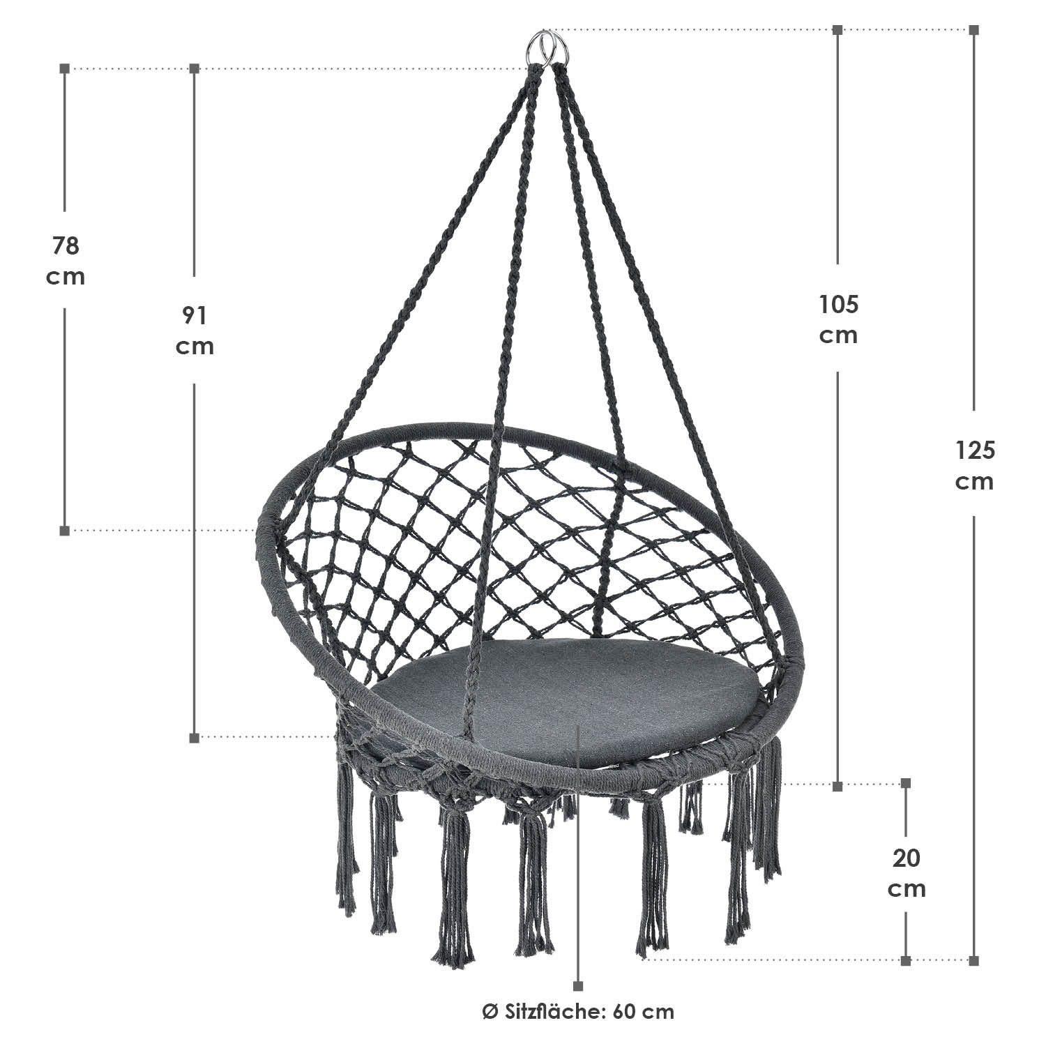 Belastbarkeit Sitzkissen), | Cadras Rückenkissen, und Juskys 120 Anthrazit kg gemütlichem Anthrazit (mit Hängesessel mit Sitz