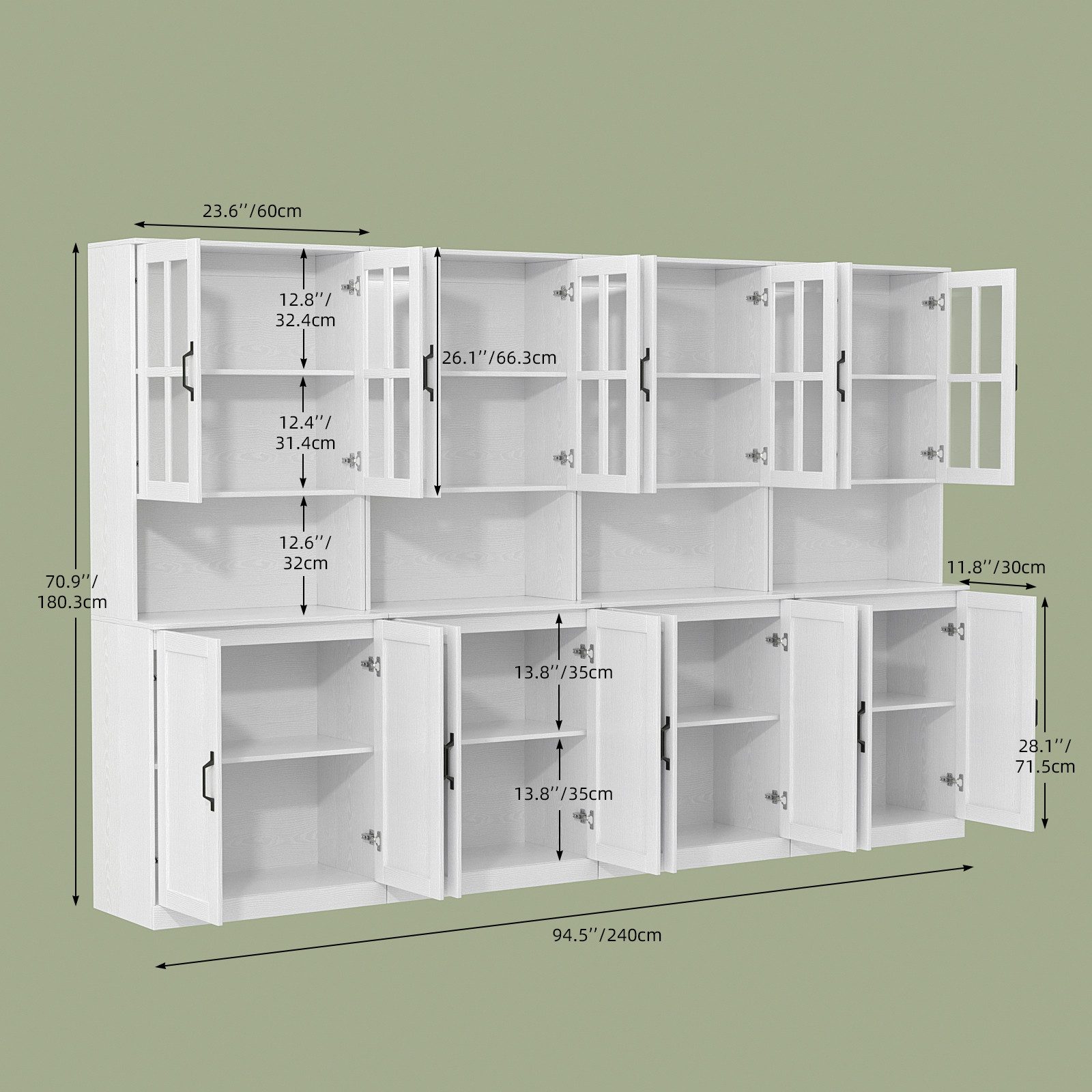 VOWNER Bücherregal mit Glastüren, offenem Fach & Arbeitsplatte – 5 Ebenen Hochschrank, 4-tlg., Vitrinenschrank Buffetschrank Standregal für Wohnzimmer & Büro