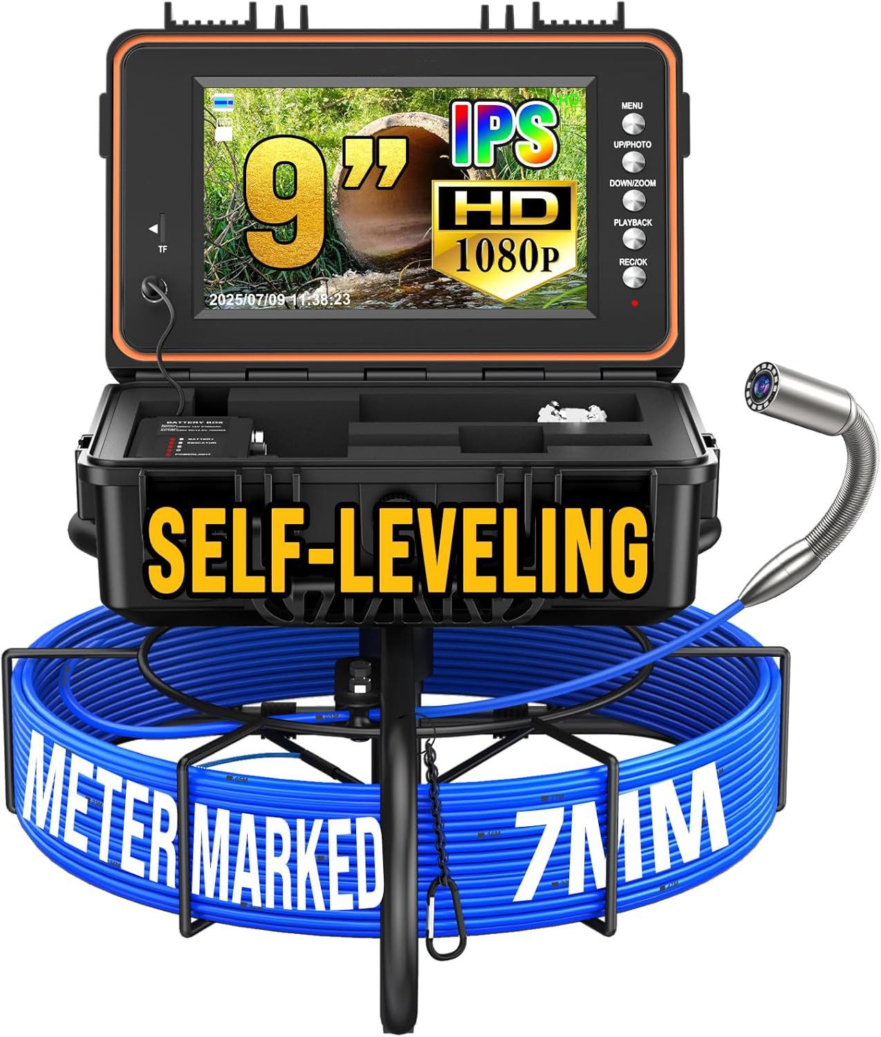 ANYSUN Selbstnivellierende 1080P Endoskopkamera mit 9-Zoll IPS-Bildschirm Inspektionskamera (HD, Endoskop, Ladegerat, Anschlusskabel, Wiederaufladbare 5100mAh Batterie)
