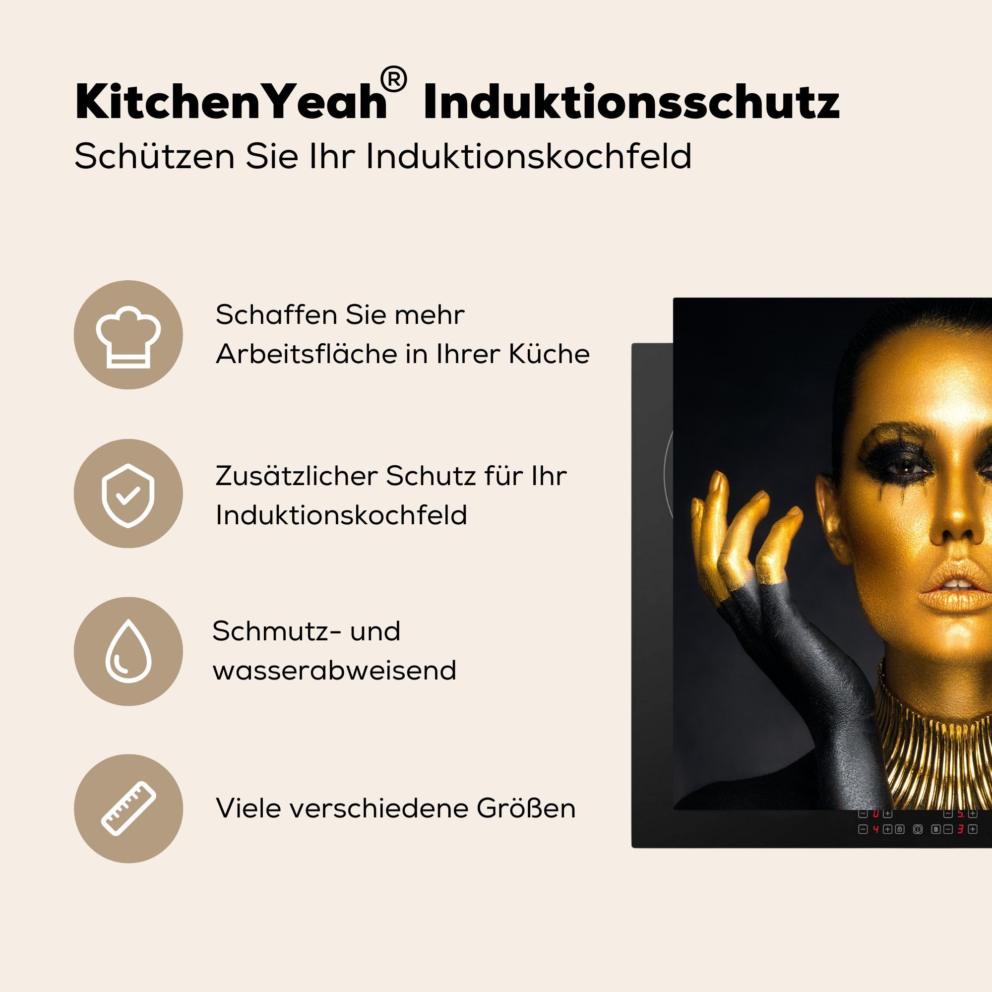 Induktionskochfeld, - - tlg), Vinyl, Ceranfeldabdeckung Luxus Herdblende-/Abdeckplatte MuchoWow Induktionsschutz, Schwarz, cm, (1 - Porträt - 57x51 Frau Gold