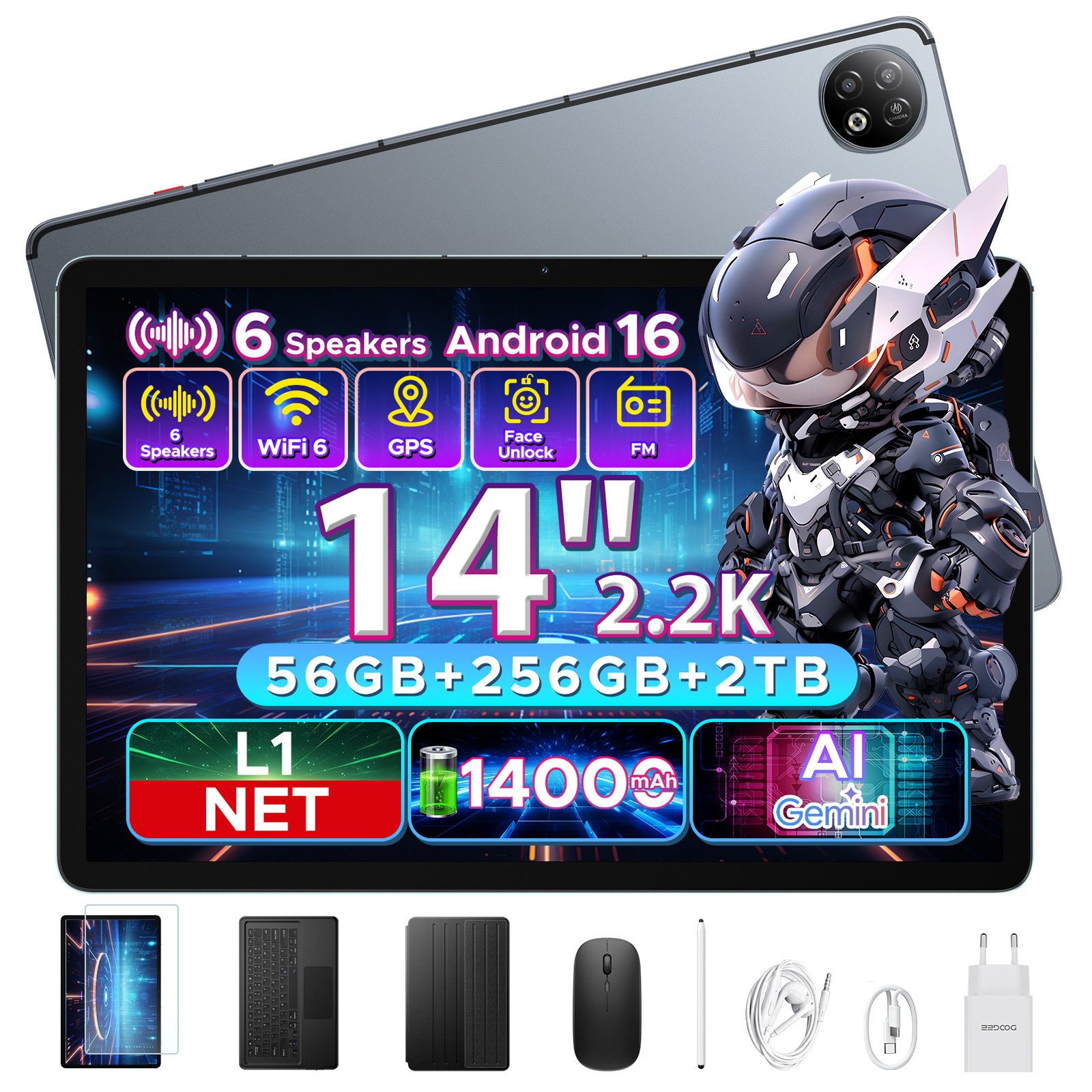 DOOGEE U14 Android 16 Tablet 14 Zoll, 14000mAh, 90Hz, 33W, 6GB RAM+256GB Tablet (14", Android 16, RK3576S, Gemini AI, WiFi6, GPS, Sechs Lautsprecher, Zwei Mikrofone)