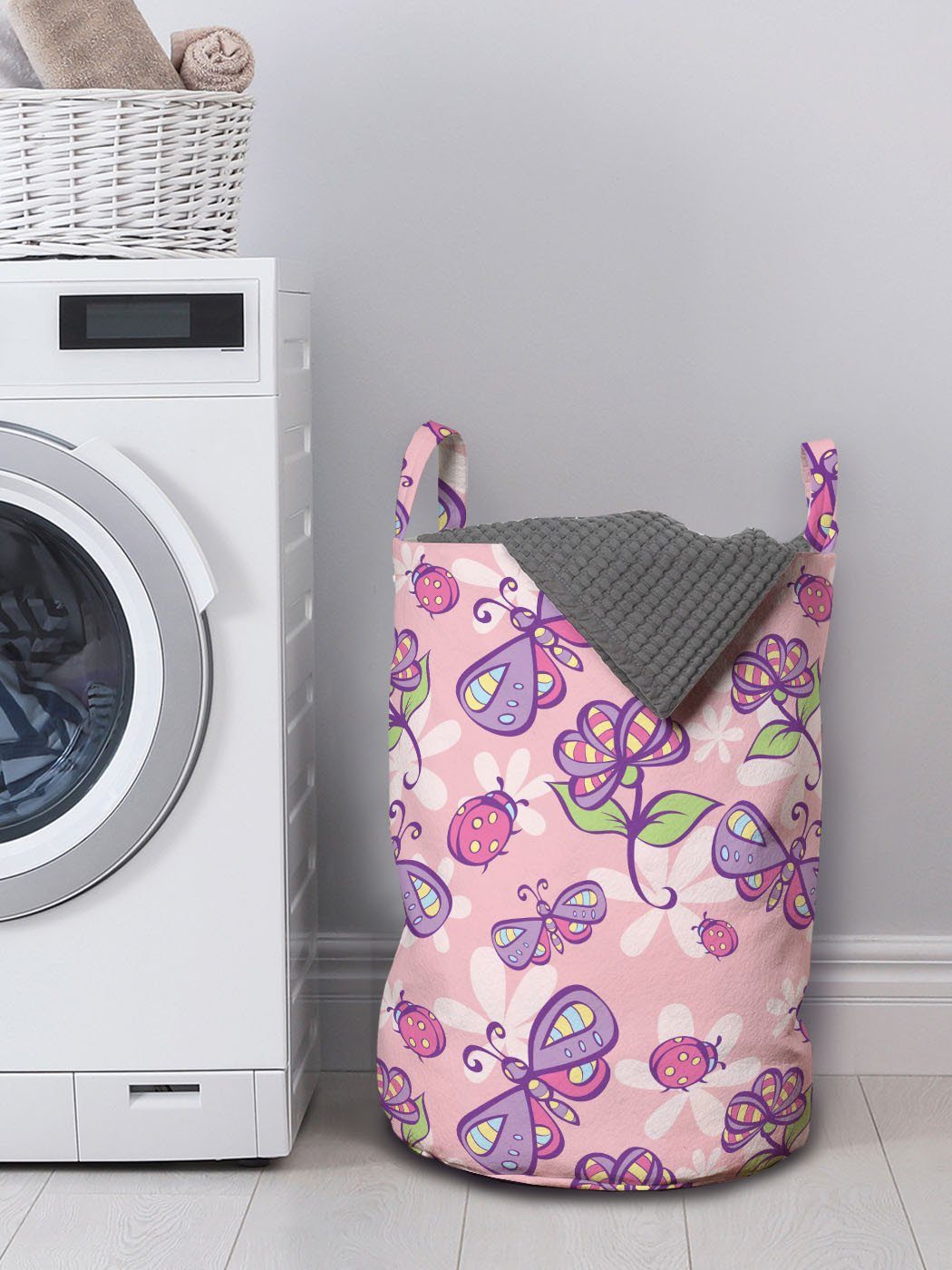 Abakuhaus Wäschesäckchen Wäschekorb mit Griffen Schmetterlings-Cartoon-Stil für Waschsalons, Kordelzugverschluss Blumen