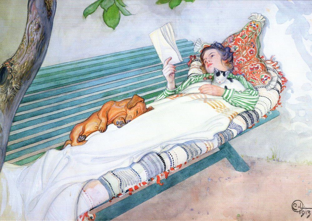 Postkarte Kunstkarte Carl Larsson "Lesende Frau auf einer Gartenbank liegend"