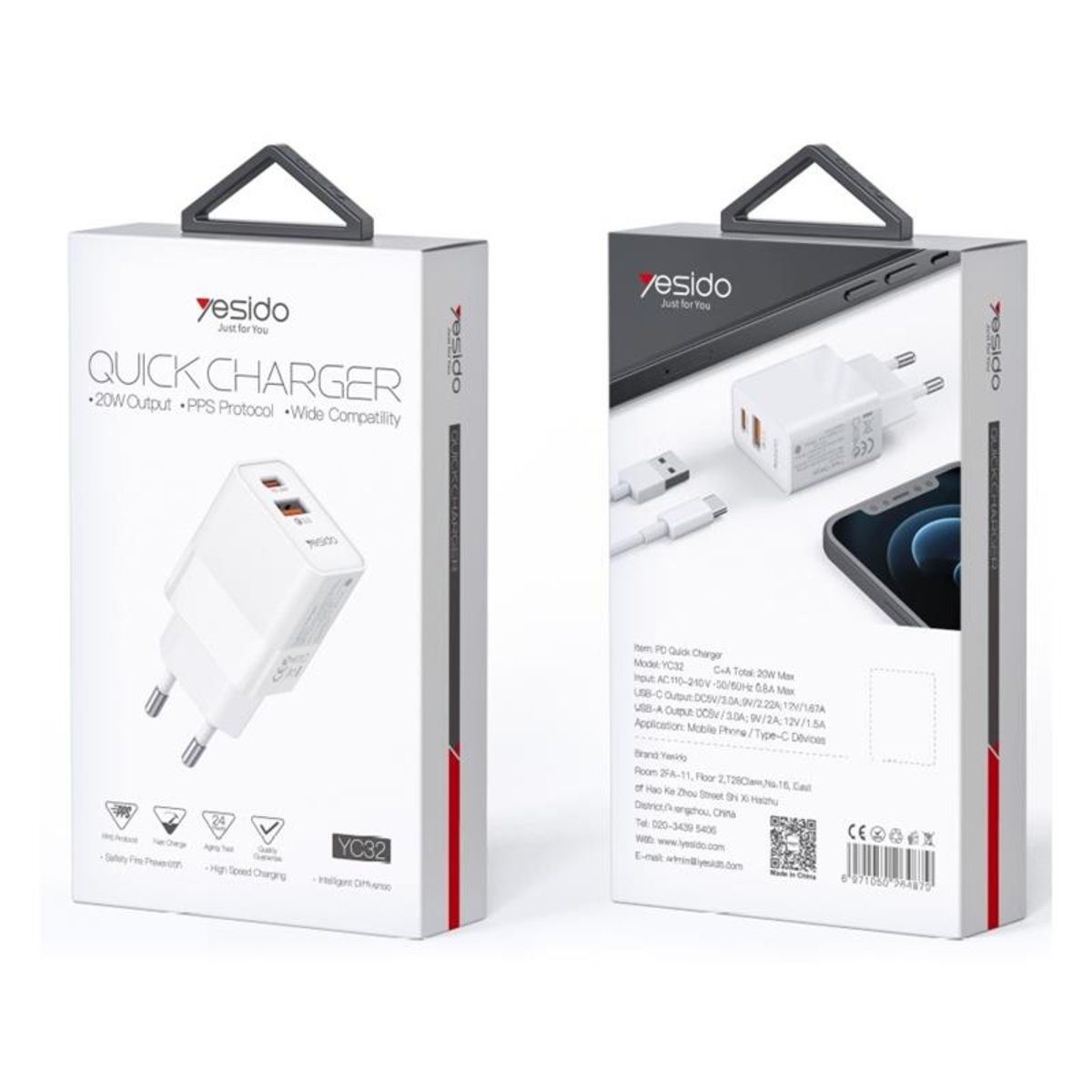 Yesido Yesido Wandladegerät YC32 PD 20W QC3.0 USB-A+C weiß Smartphone-Ladegerät
