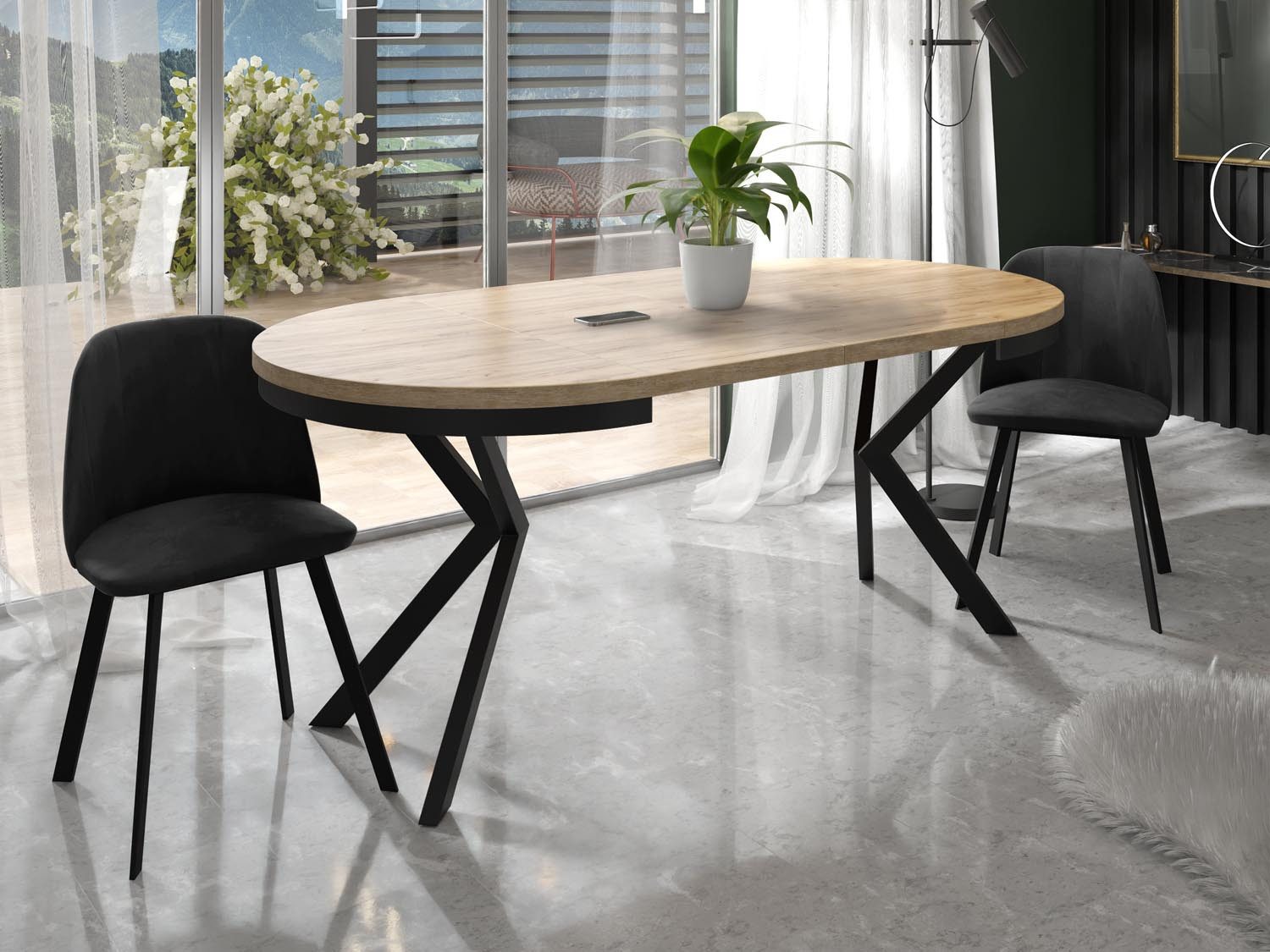 WFL GROUP Esstisch Ross ausziehbar rund industrial mit schwarzen Metallbeinen (MADE IN EU, erhältlich in 3 Größen – 90/100/120 cm ausziehbar auf 170/180/200 cm) – Bild 4 von 5