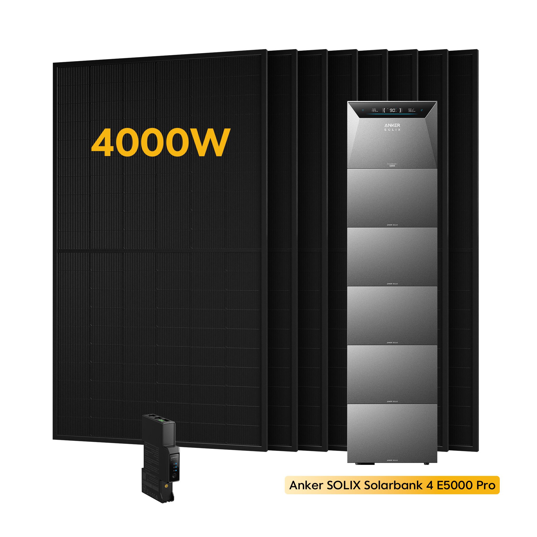 Anker Balkonkraftwerk 4000W Anker SOLIX Solarbank 4 E5000 Pro All-in-One Stromspeicher, (Optional: 1-5 × Anker BP5000 Erweiterungsakku, inkl. Anker Smart Meter Gen 2 und 8x Sunpro 500W Solarmodule), PV Speicher mit Notstromfunktion