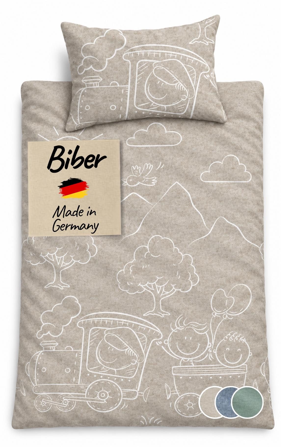 Carpe Sonno Kinderbettwäsche Biber Kinderbettwäsche Lokomotive aus 100% Baumwolle, Biber, 2 teilig, MADE IN GERMANY - Babybettwäsche 100x135 - 100% Baumwolle - Natur