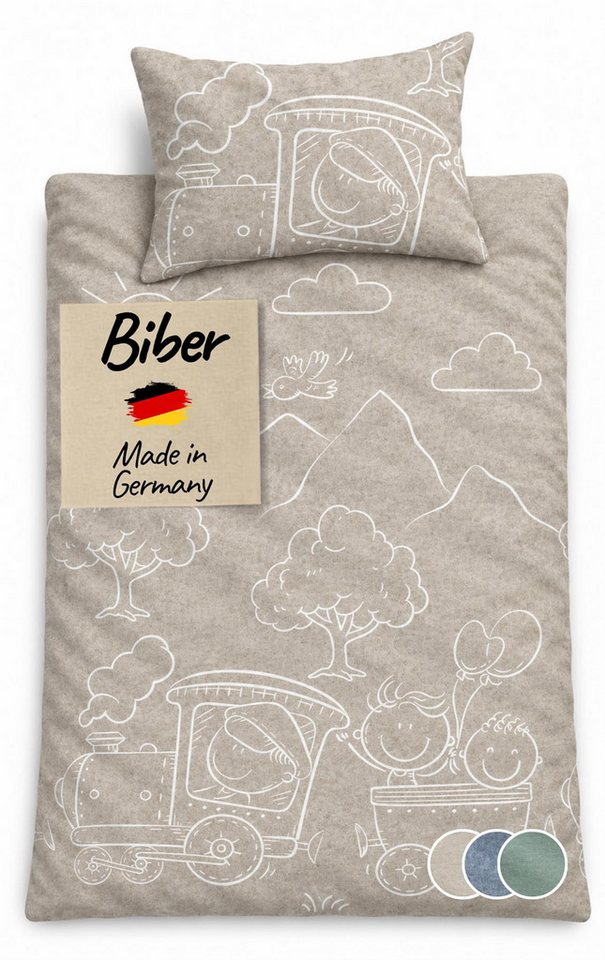 Carpe Sonno Kinderbettwäsche Biber Kinderbettwäsche Lokomotive aus 100% Baumwolle, Biber, 2 teilig, MADE IN GERMANY - Babybettwäsche 100x135 - 100% Baumwolle - Natur