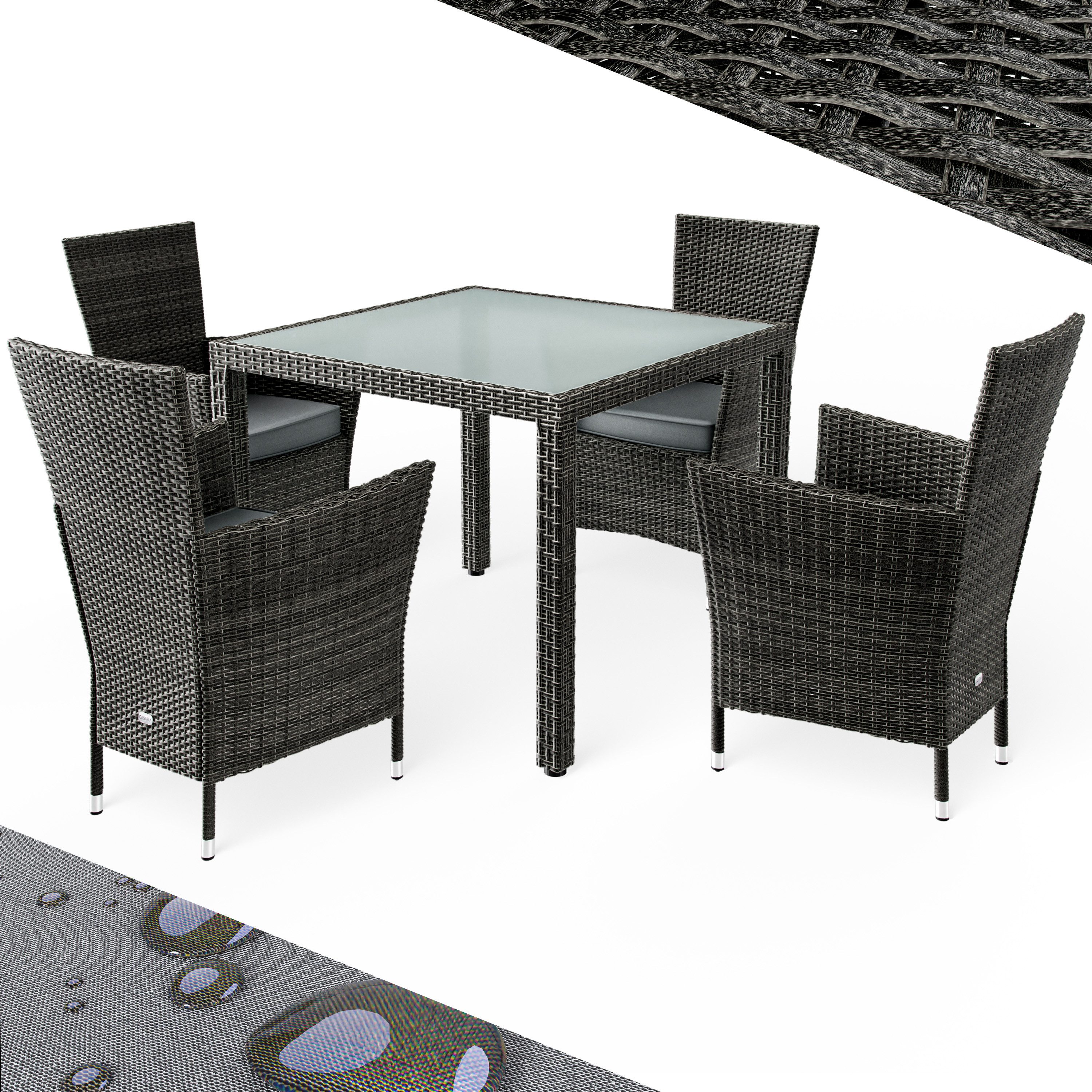 Casaria Garten-Essgruppe, (5-tlg), Polyrattan 4 Personen Wetterfest inkl. 7cm Auflagen Stühle Stapelbar