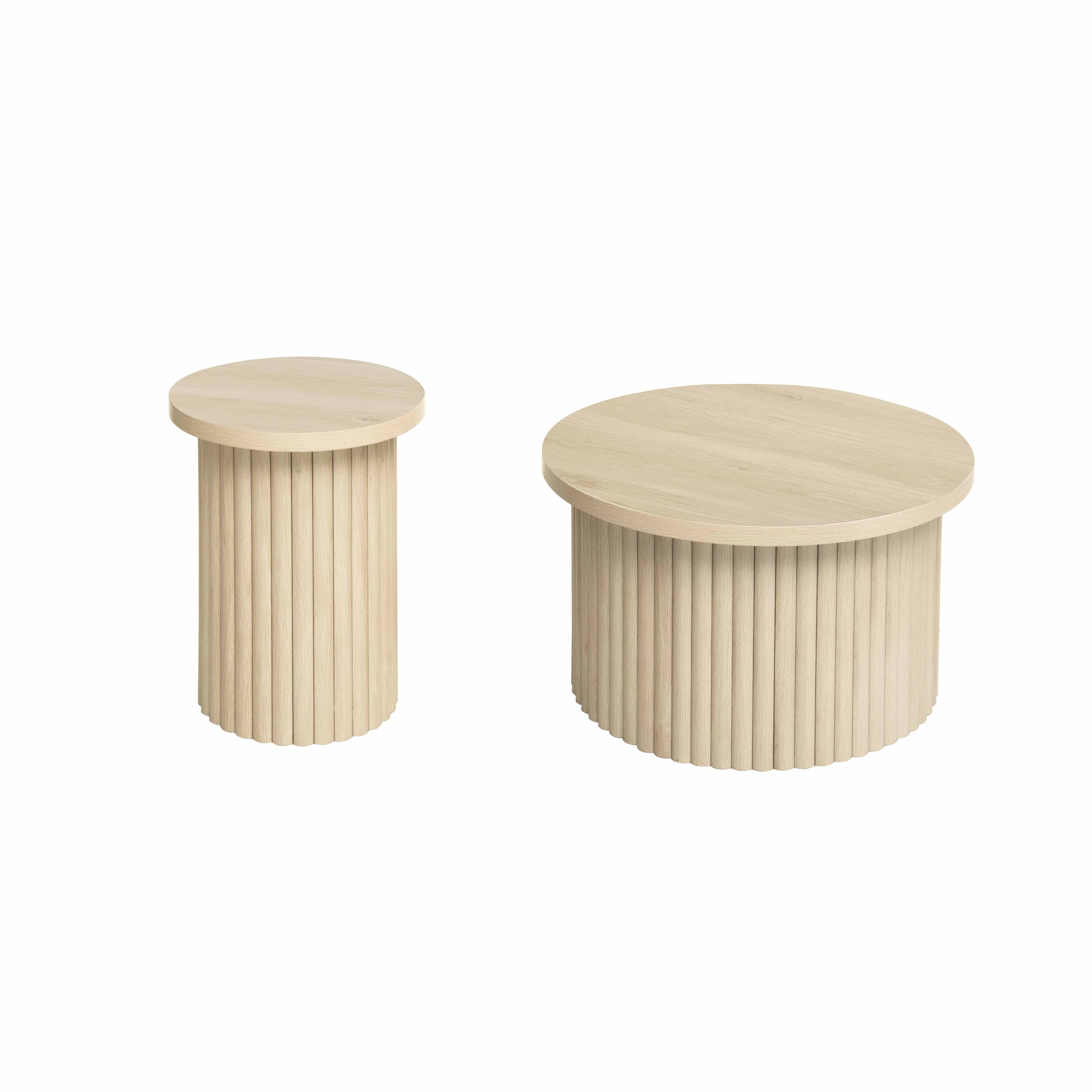 OKWISH Couchtisch Wohnzimmertisch Sofatisch (Runder Beistelltisch im 2er-Set – Naturholzoptik mit Wellenstruktur, 2-St., Kratzfest & Stabil)