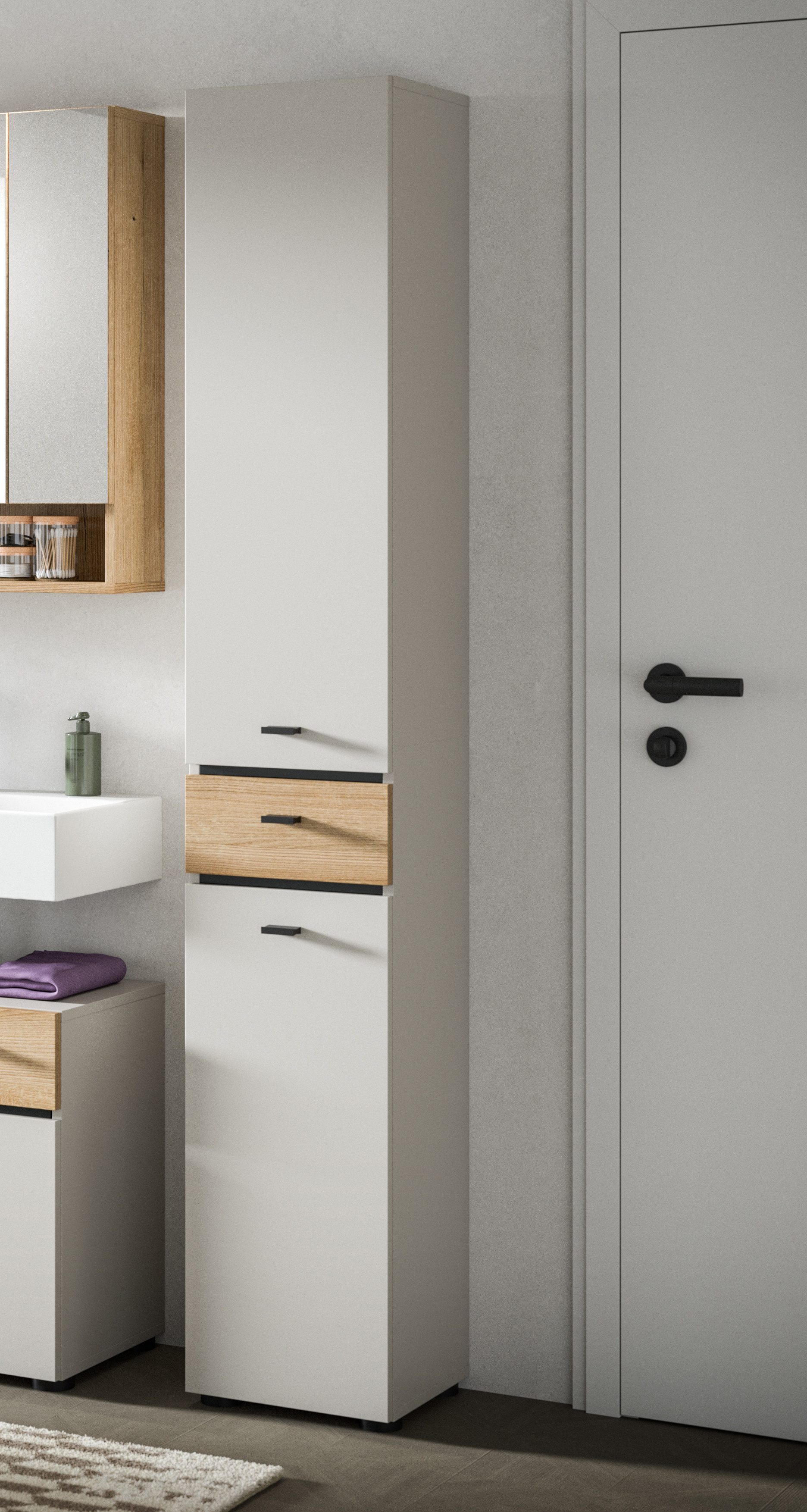 welltime Hochschrank VANN, Höhe 191cm, 2 Türen, 1 Schubkasten, Türanschlag wechselbar (individuell mit weiteren Artikel der Serie VANN kombinierbar) Universalschrank, Mehrzweckschrank, Schrank, Badschrank, Badezimmer