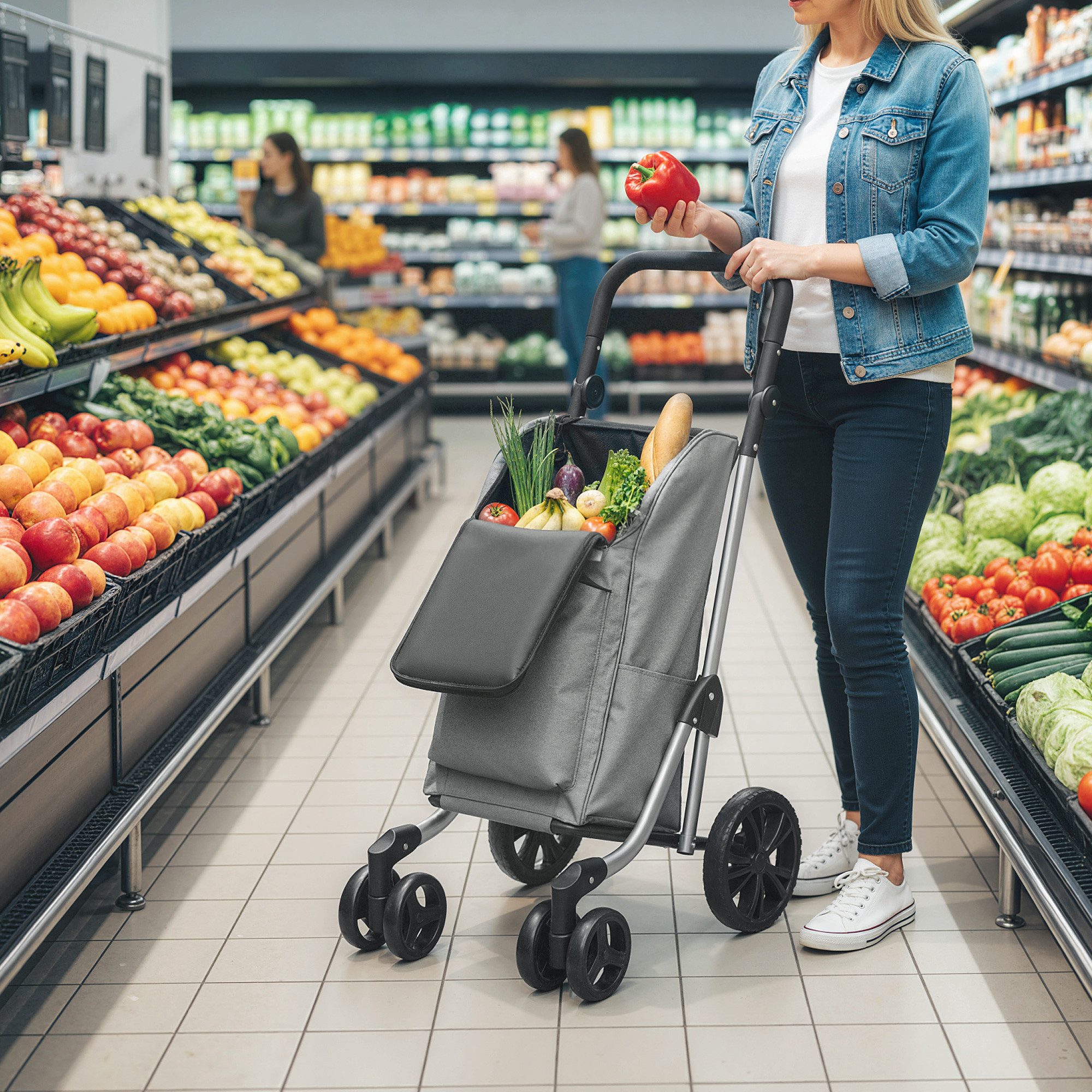 HOMCOM Einkaufstrolley Einkaufswagen Einkaufsroller mit abnehmbarer Tasche, 46 l, Aluminiumrahmen, Grau