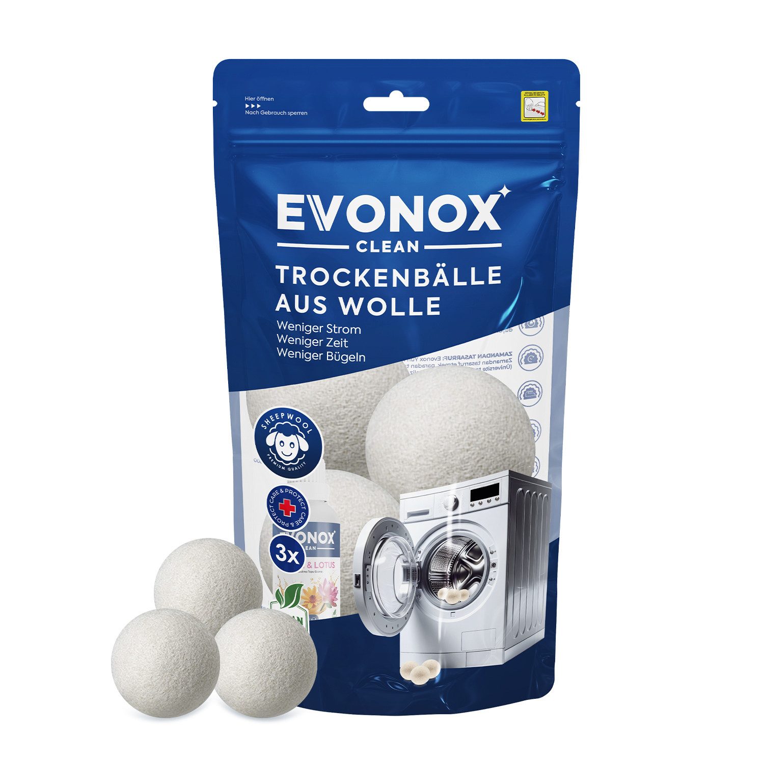 EVONOX Trocknerball Trocknerball Wolltrocknerball -Trocknerbälle aus Merinowolle, 3 Stück (3-St), Kann die Trocknungszeit verkürzen und Energie sparen.