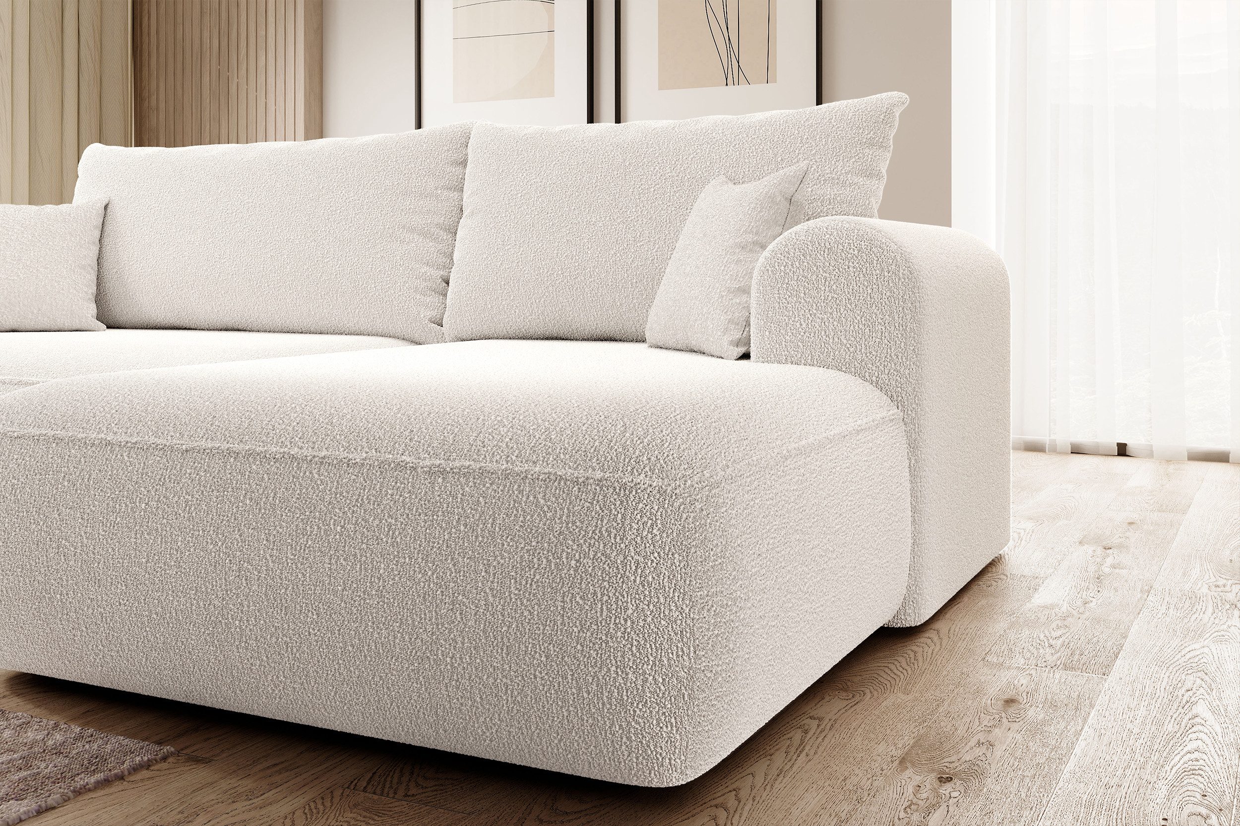 Selsey Ecksofa OVO, Schlaffunktion 142x210 cm, Bettkasten, Boucle-Bezug