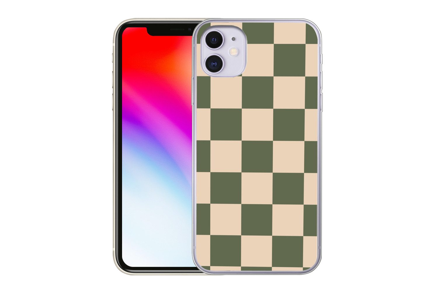 MuchoWow Handyhülle für Apple iPhone 11 Schachbrettmuster - Grün - Beige - Blöcke, Smartphone-Bumper, Print, Handy Schutzhülle Dünn