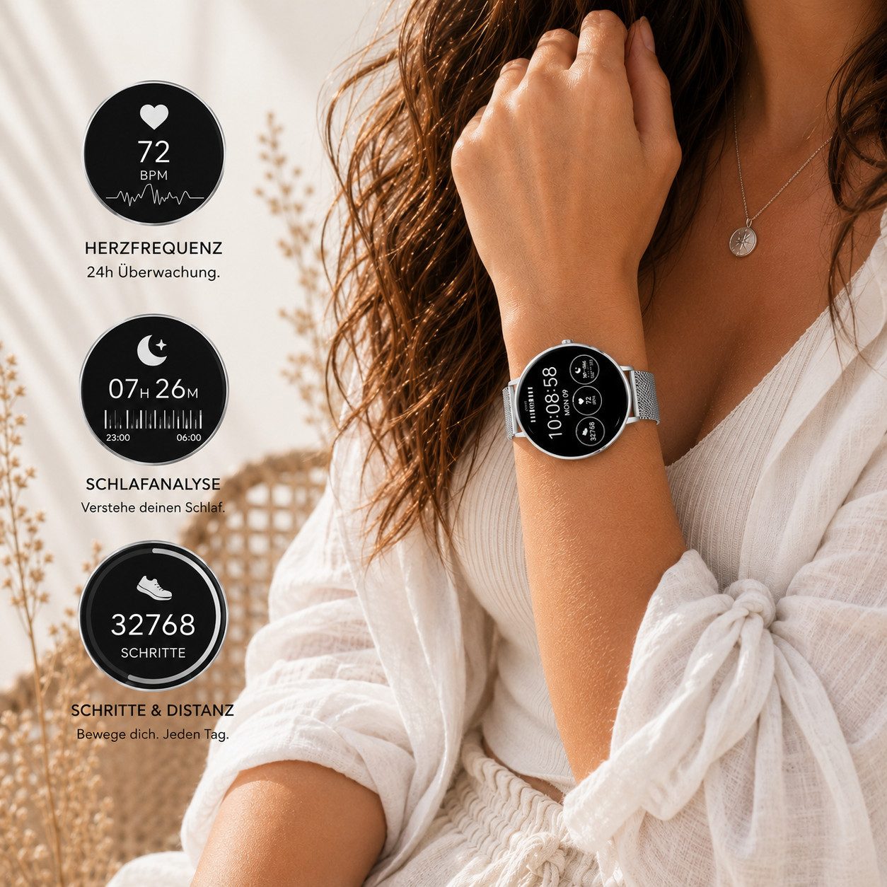 XCOAST SIONA 2 Damen Smartwatch (4,2 cm/1,3 Zoll, iOS und Android) feine Damenuhr, AMOLED, satte Farben, 21 Sportarten, >200 Ziffernblätter, 3-tlg., Blutsauerstoff, iOS&Android Handies, ultraflach (6,9mm), wasserdicht, Puls, Blutdruck