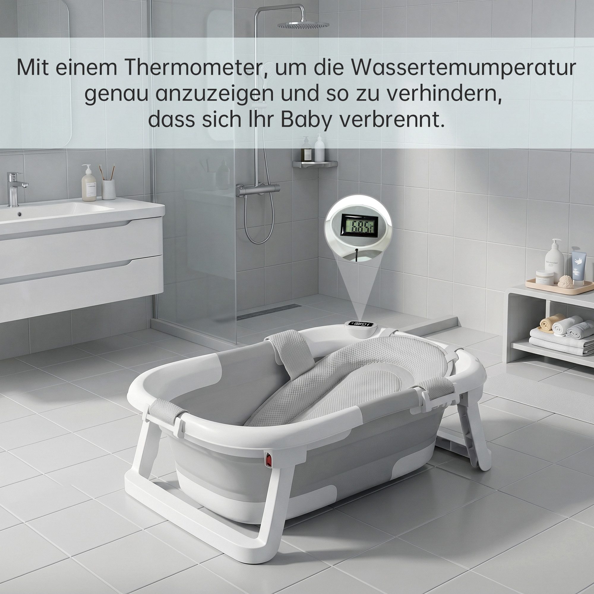 SEHAUSEU Babybadewanne Babywanne Badewanne mit Gestell faltbar, mit Thermometer, mit Abflussschlauch, Badeauflage, Ablagebrett, Haarwaschbecher