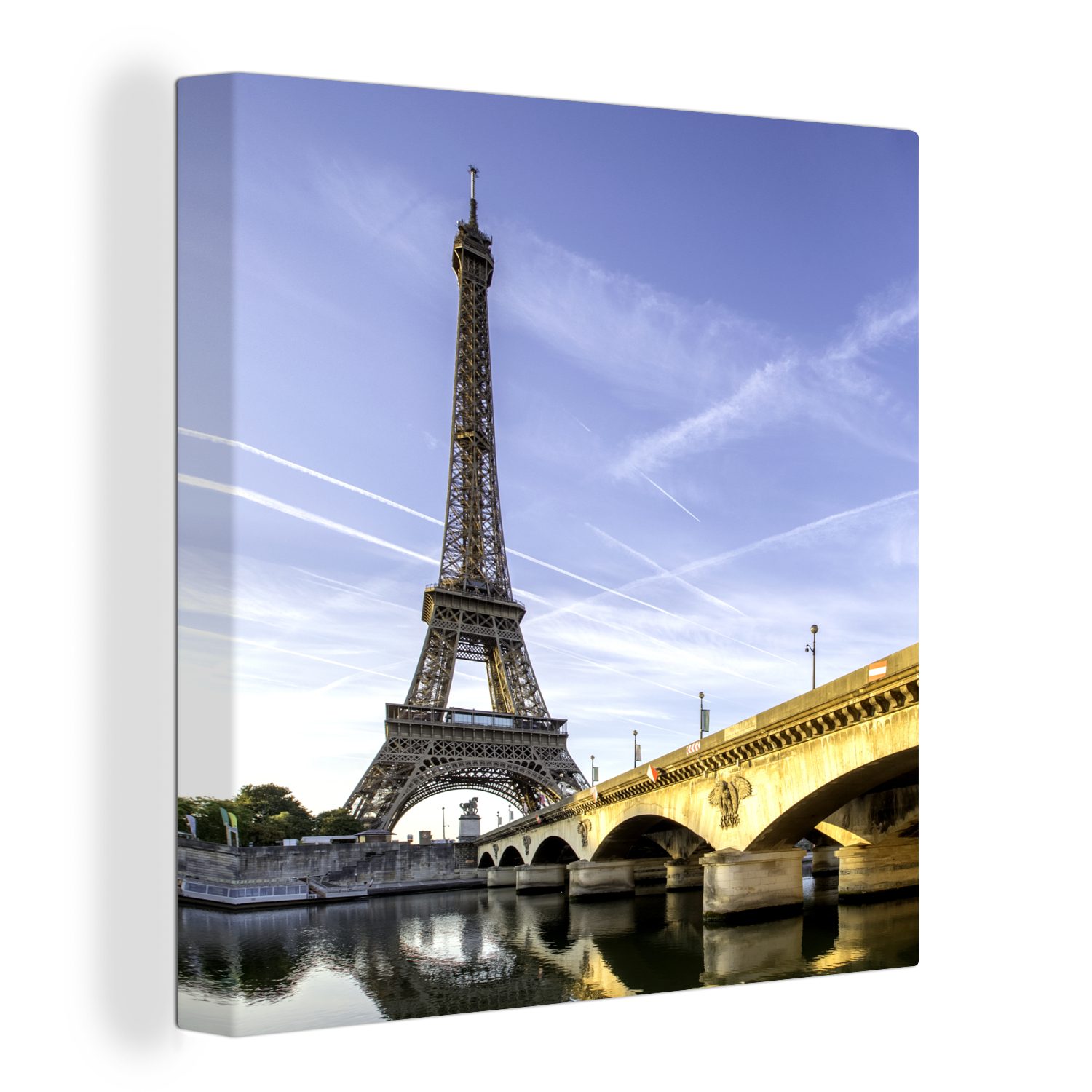 OneMillionCanvasses® Leinwandbild Schöne Brücke kurz der (1 nach Leinwand Sonnenaufgang, für und Wohnzimmer Bilder Schlafzimmer St), Eiffelturm