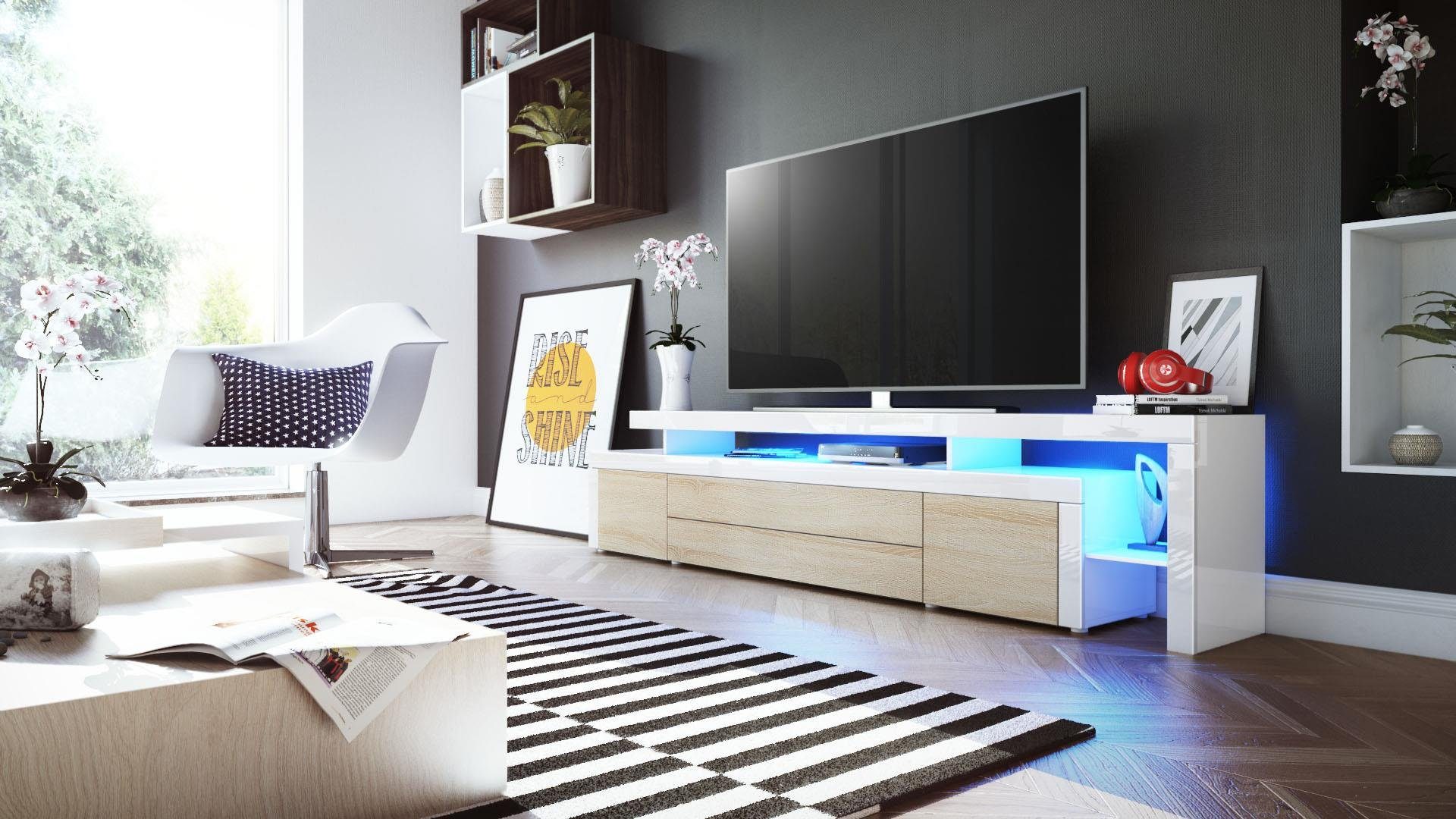 Vladon Lowboard Leon V3 (TV-Kommode, mit zwei Türen, zwei Schubkästen und einem modernen Überbau inkl. LED), Eiche sägerau/Weiß Hochglanz (227 x 52 x 35 cm)