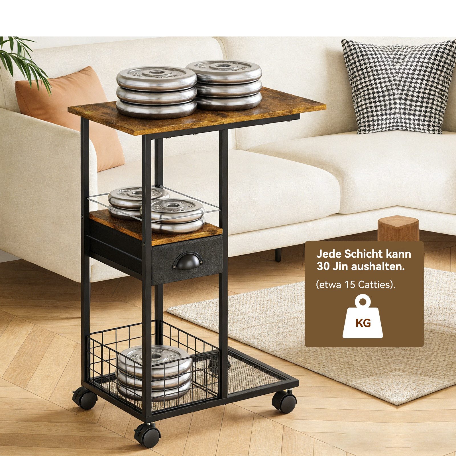 BlingBin Beistelltisch C-förmiger Beistelltisch mit Rollen,Nachttisch mit Schublade (1er Set, 1-St., 50 x 30 x 71 cm), 3 Ebenen Nachttisch,Metallrahmen,Minimalistischer Stil